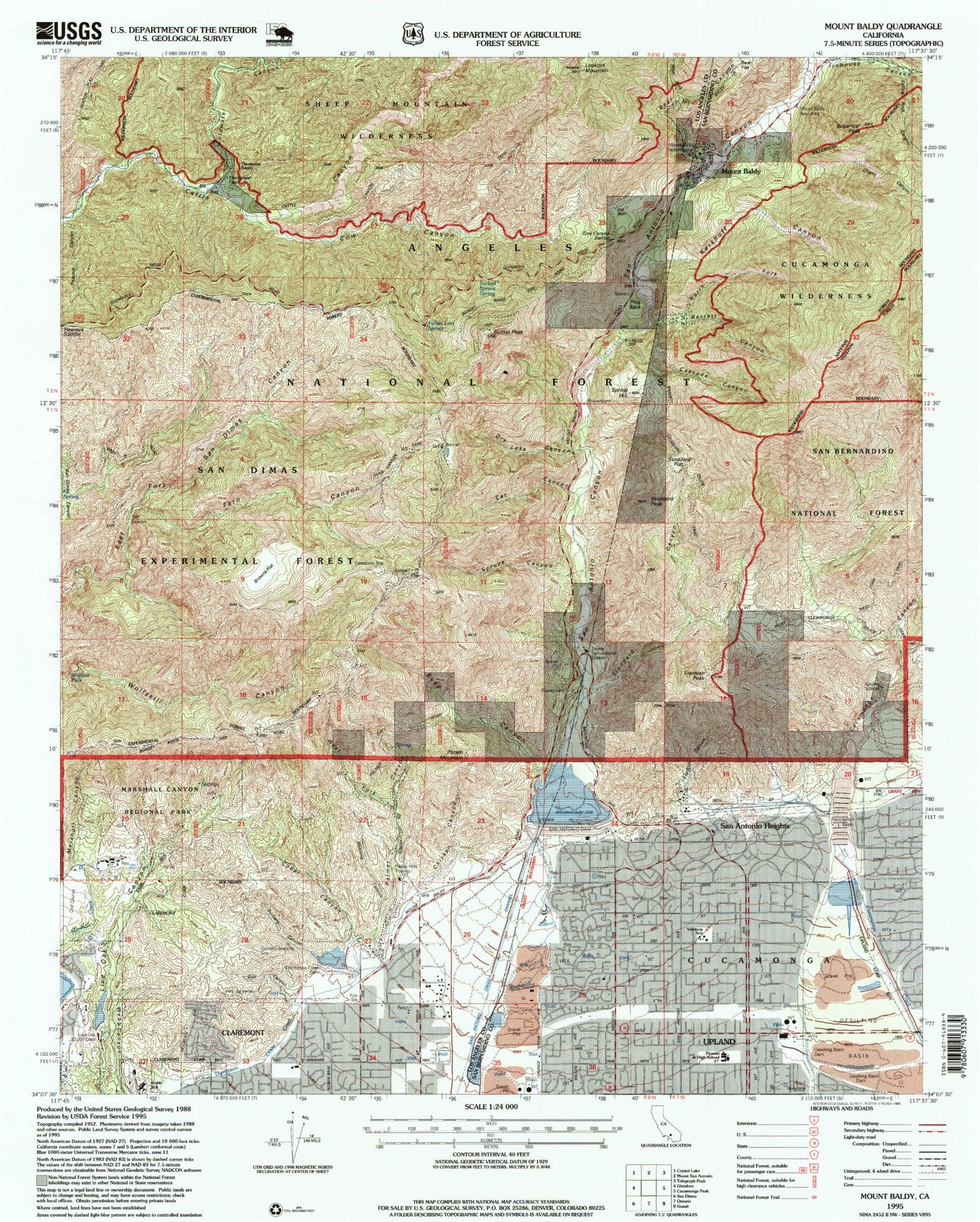 USGS Classic Mount Baldy California 7.5'x7.5' Topo Map Image