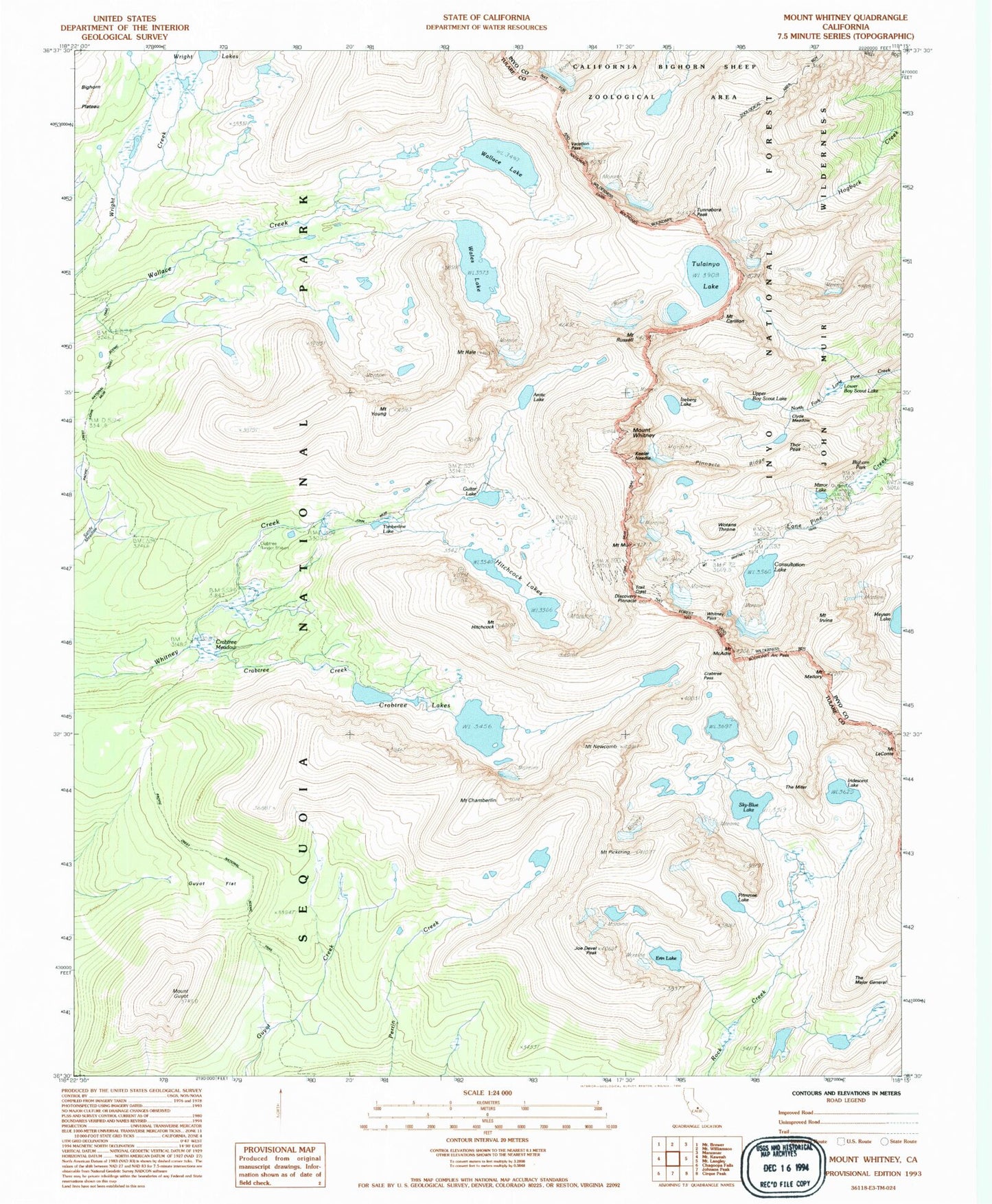 USGS Classic Mount Whitney California 7.5'x7.5' Topo Map Image