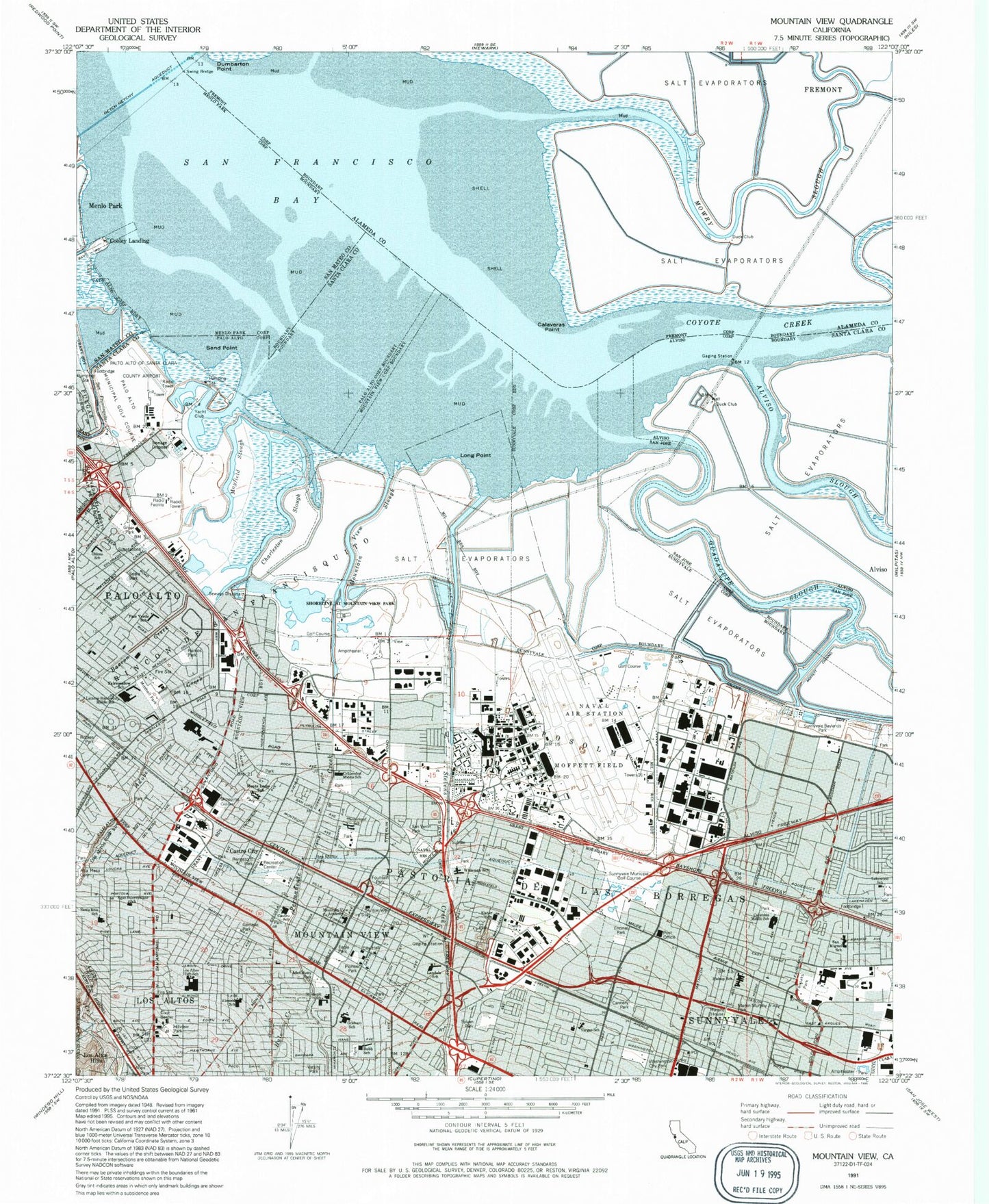 Classic USGS Mountain View California 7.5'x7.5' Topo Map Image