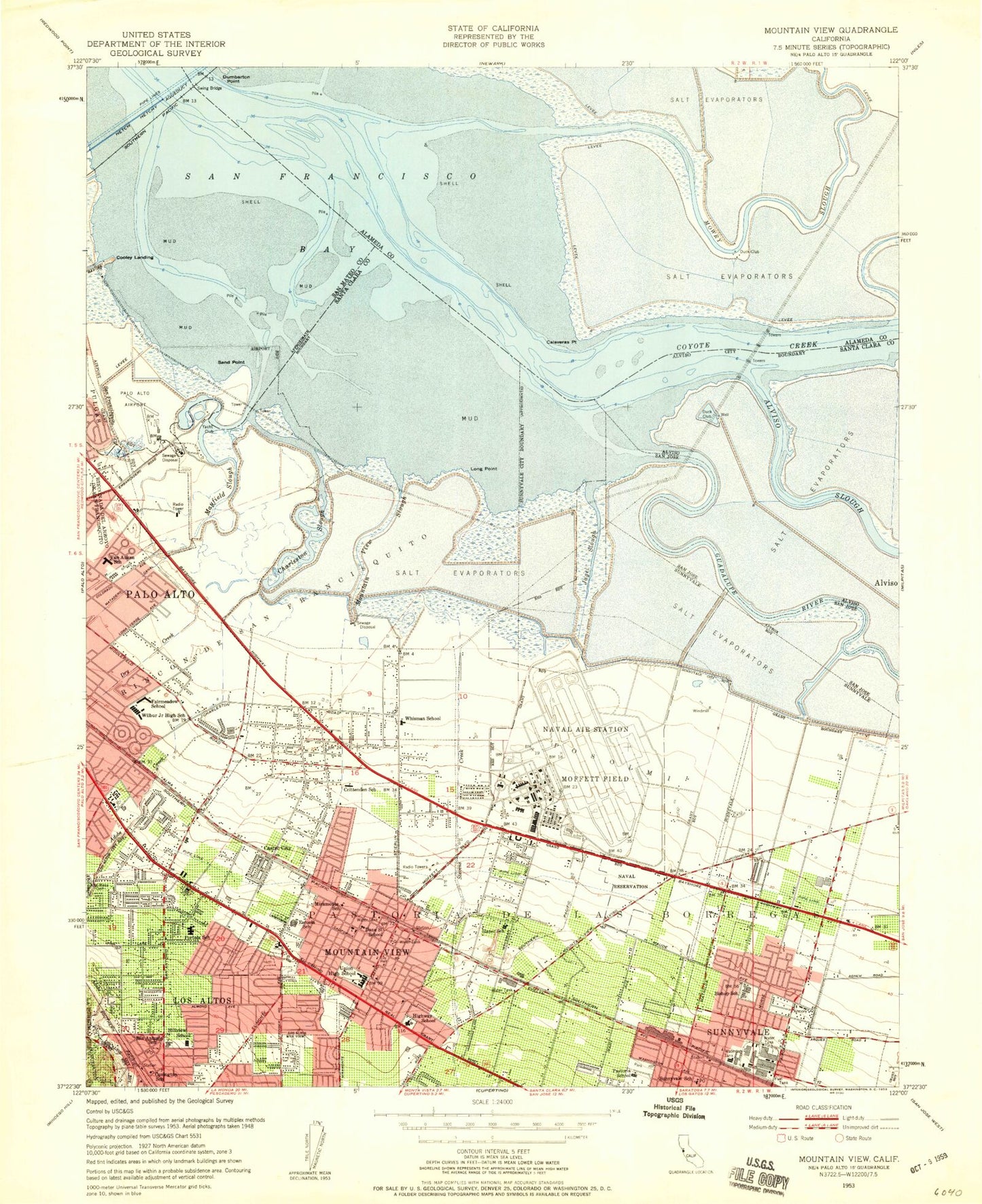 Classic USGS Mountain View California 7.5'x7.5' Topo Map Image