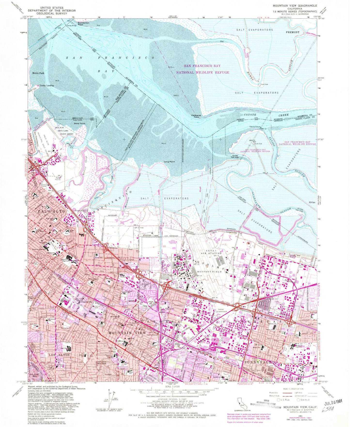 Classic USGS Mountain View California 7.5'x7.5' Topo Map Image