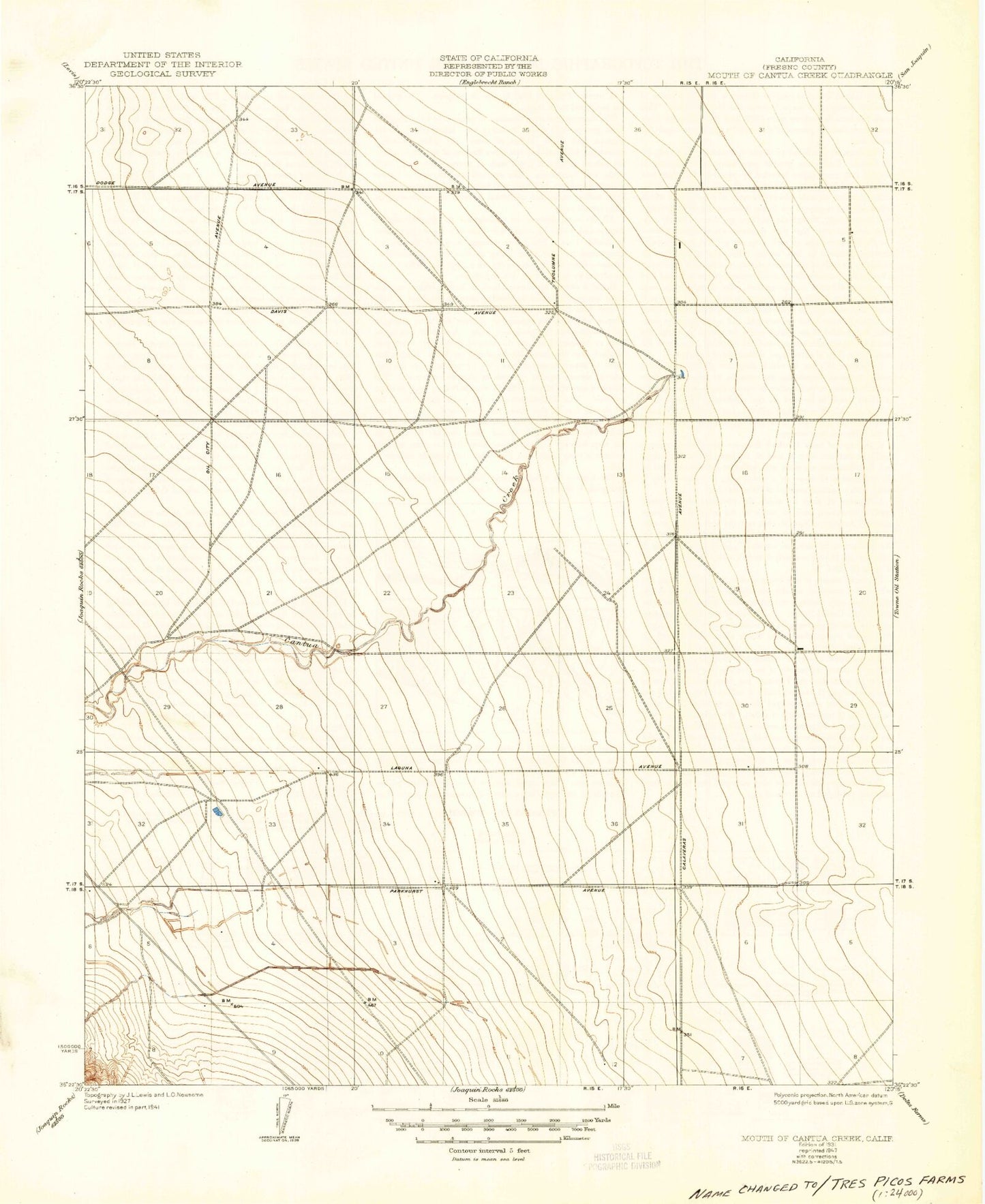 Classic USGS Tres Picos Farms California 7.5'x7.5' Topo Map Image