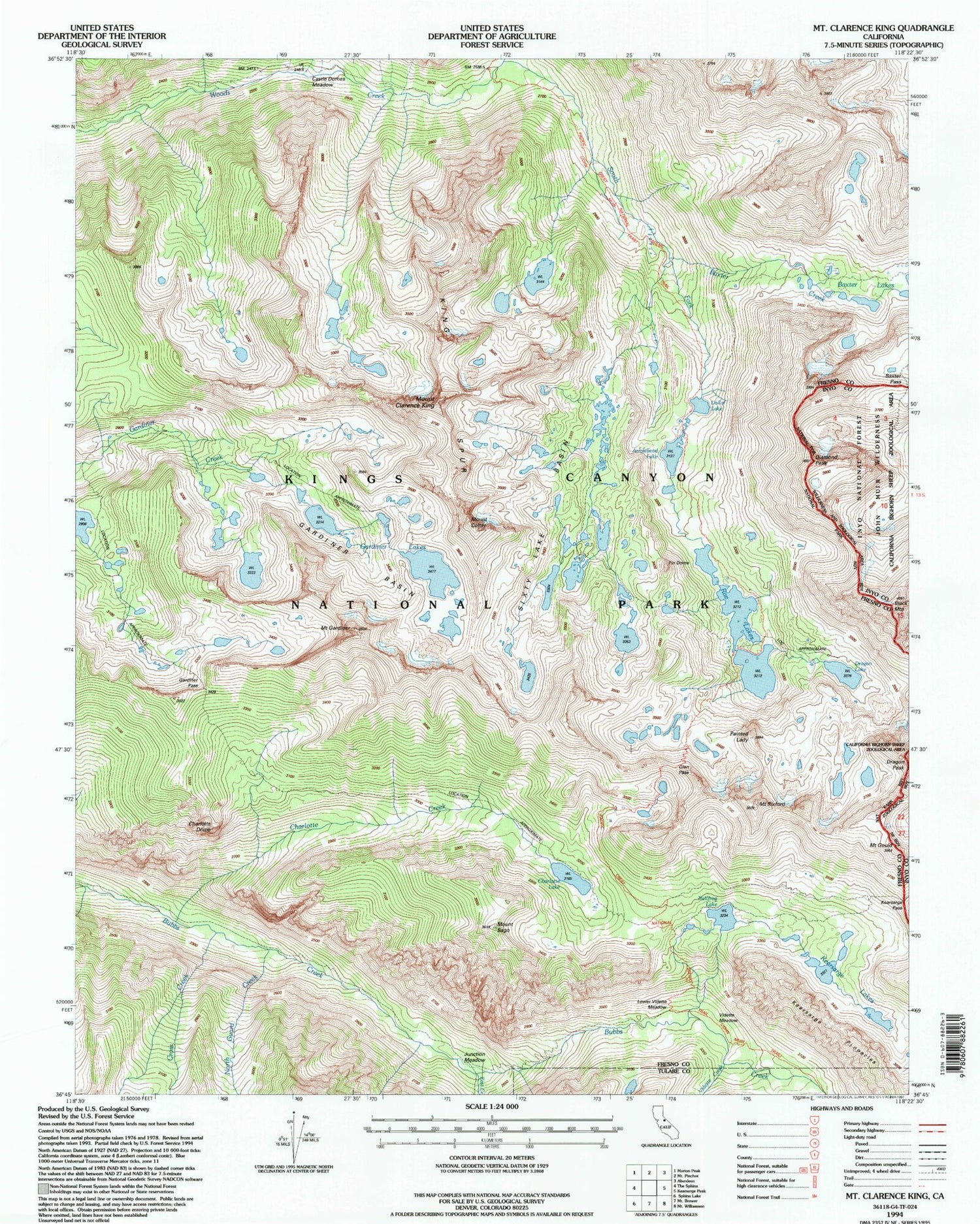 USGS Classic Mount Clarence King California 7.5'x7.5' Topo Map Image