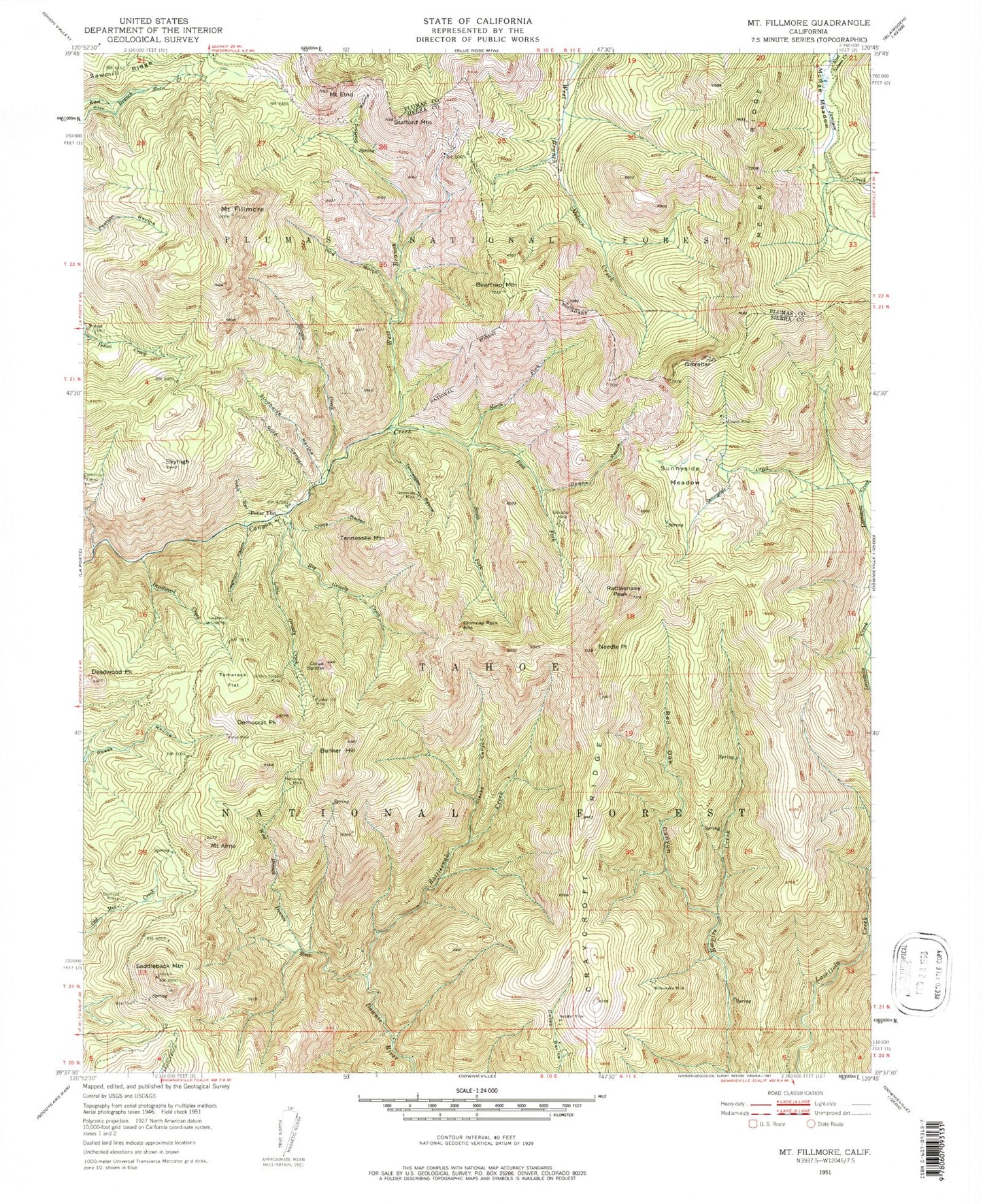 Classic USGS Mount Fillmore California 7.5'x7.5' Topo Map Image