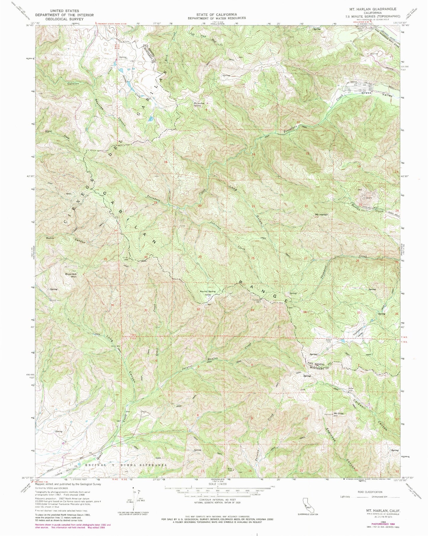 Classic USGS Mount Harlan California 7.5'x7.5' Topo Map Image
