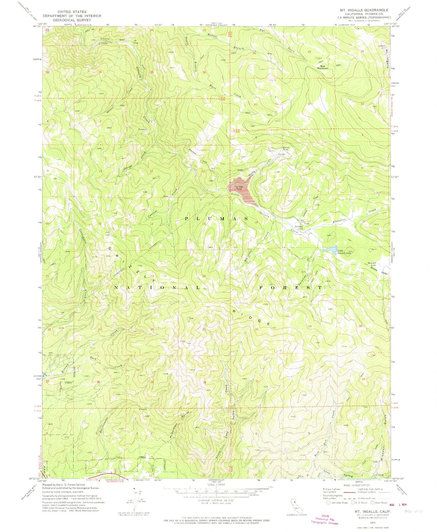 Classic USGS Mount Ingalls California 7.5'x7.5' Topo Map Image