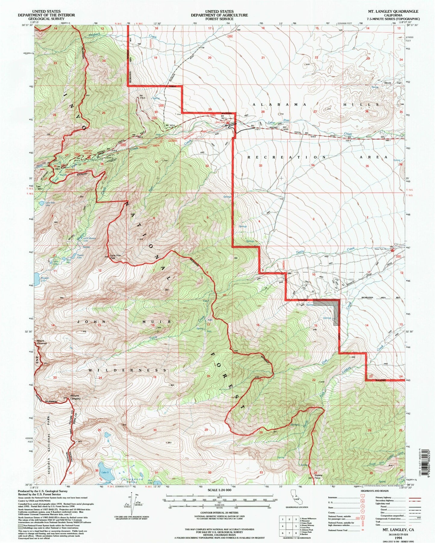 USGS Classic Mount Langley California 7.5'x7.5' Topo Map Image