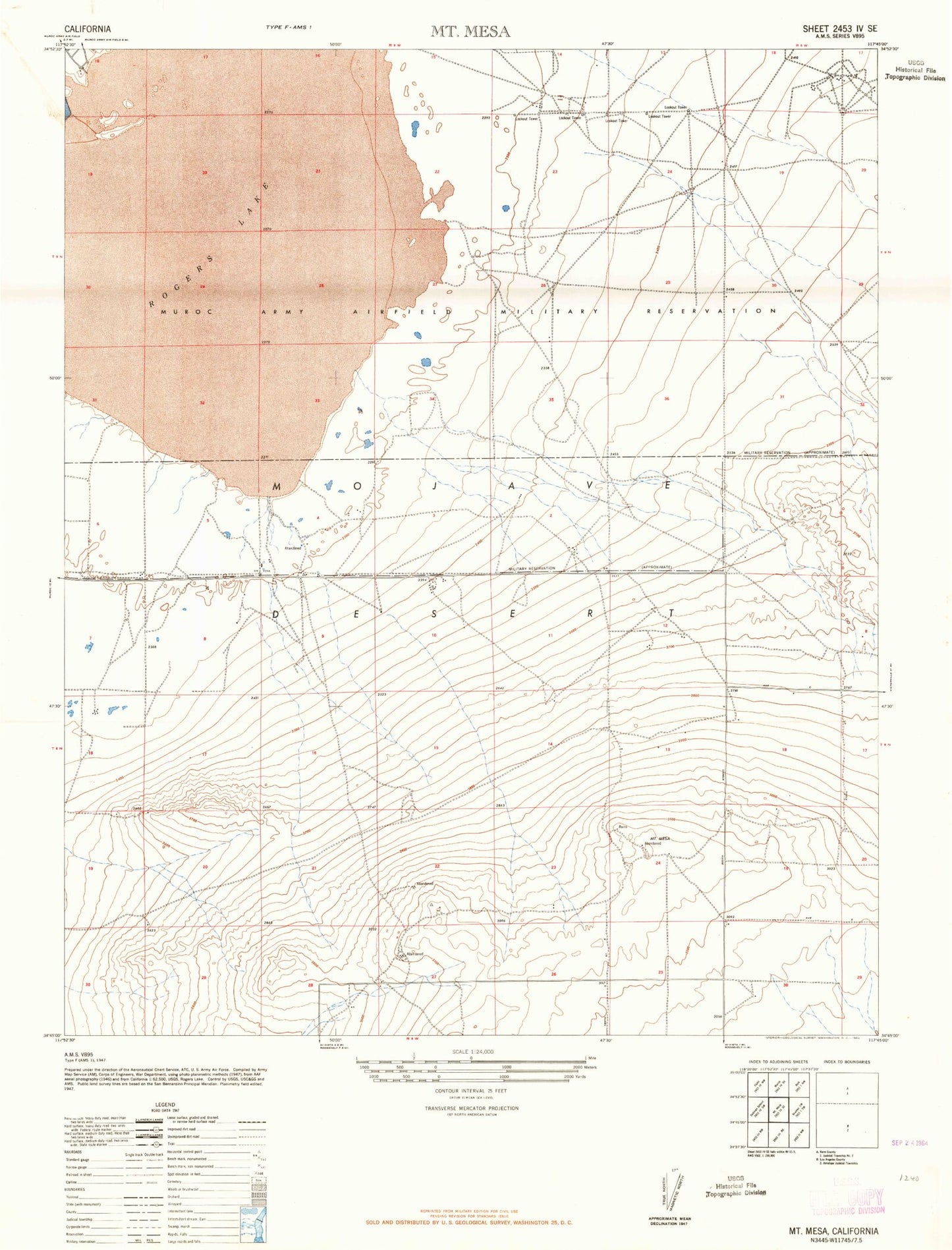 Classic USGS Rogers Lake South California 7.5'x7.5' Topo Map Image