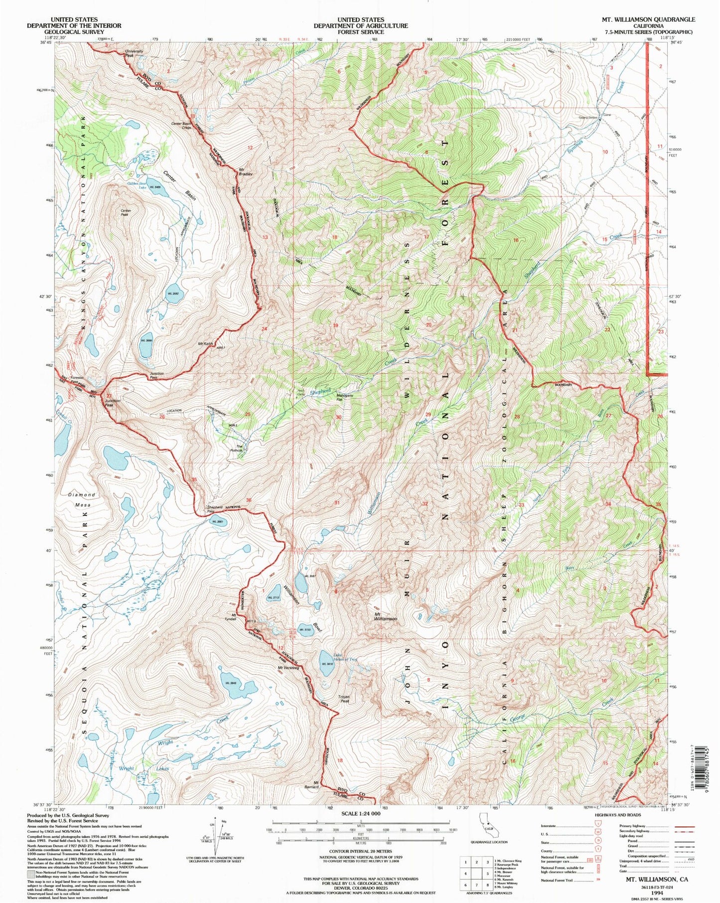 USGS Classic Mount Williamson California 7.5'x7.5' Topo Map Image