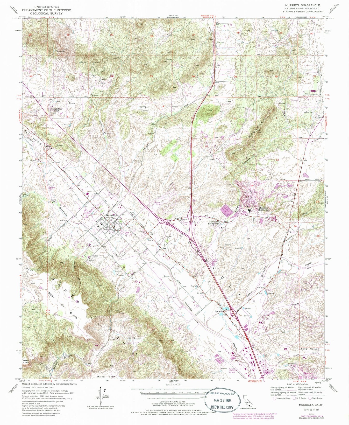 Classic USGS Murrieta California 7.5'x7.5' Topo Map Image