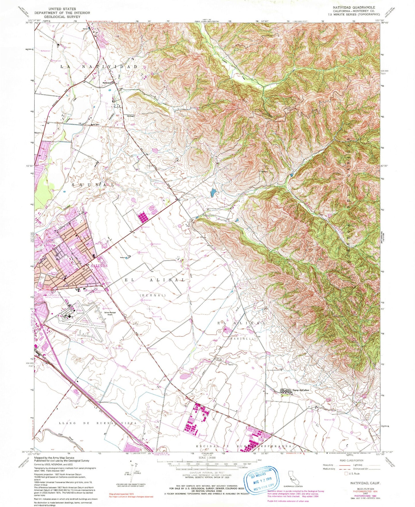 Classic USGS Natividad California 7.5'x7.5' Topo Map Image