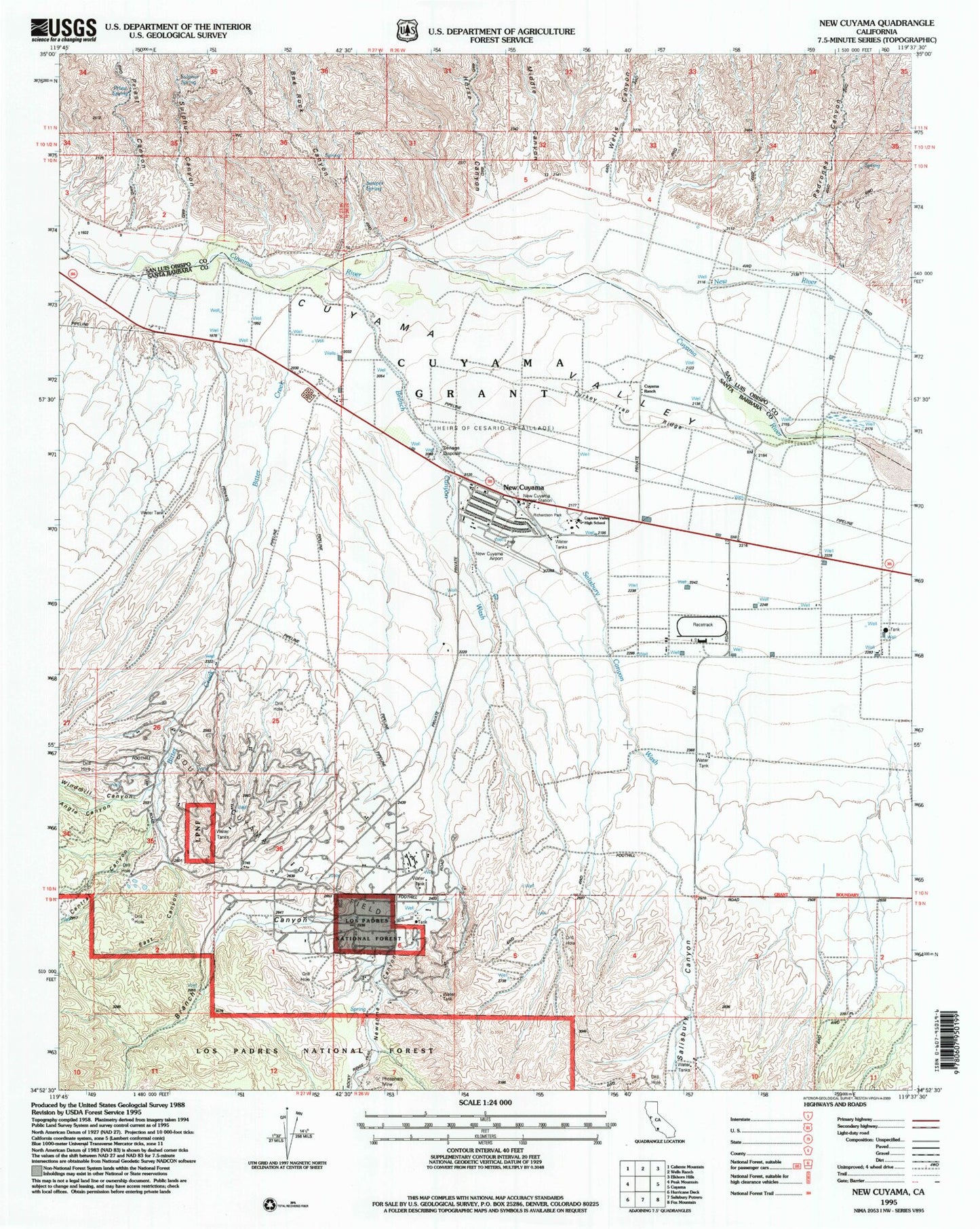 Classic USGS New Cuyama California 7.5'x7.5' Topo Map Image