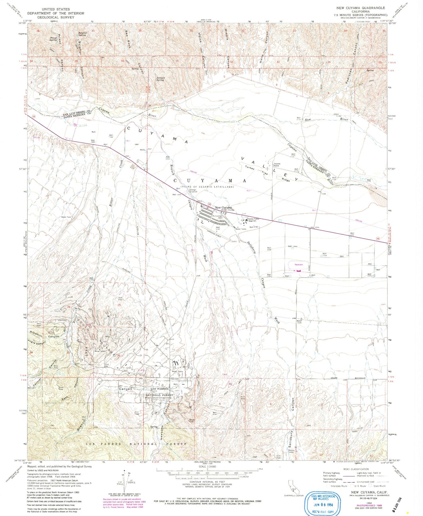 Classic USGS New Cuyama California 7.5'x7.5' Topo Map Image