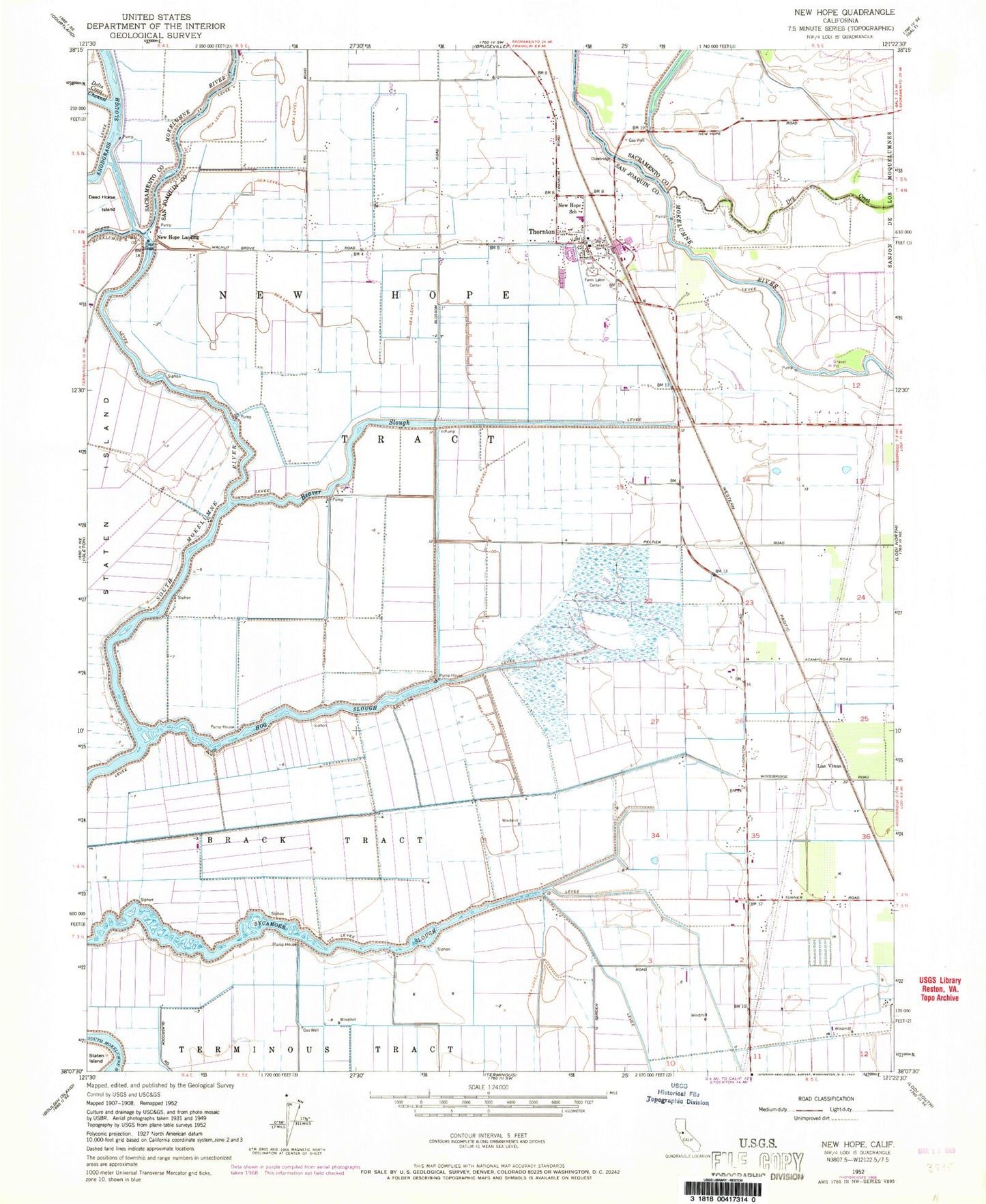 Classic USGS Thornton California 7.5'x7.5' Topo Map Image
