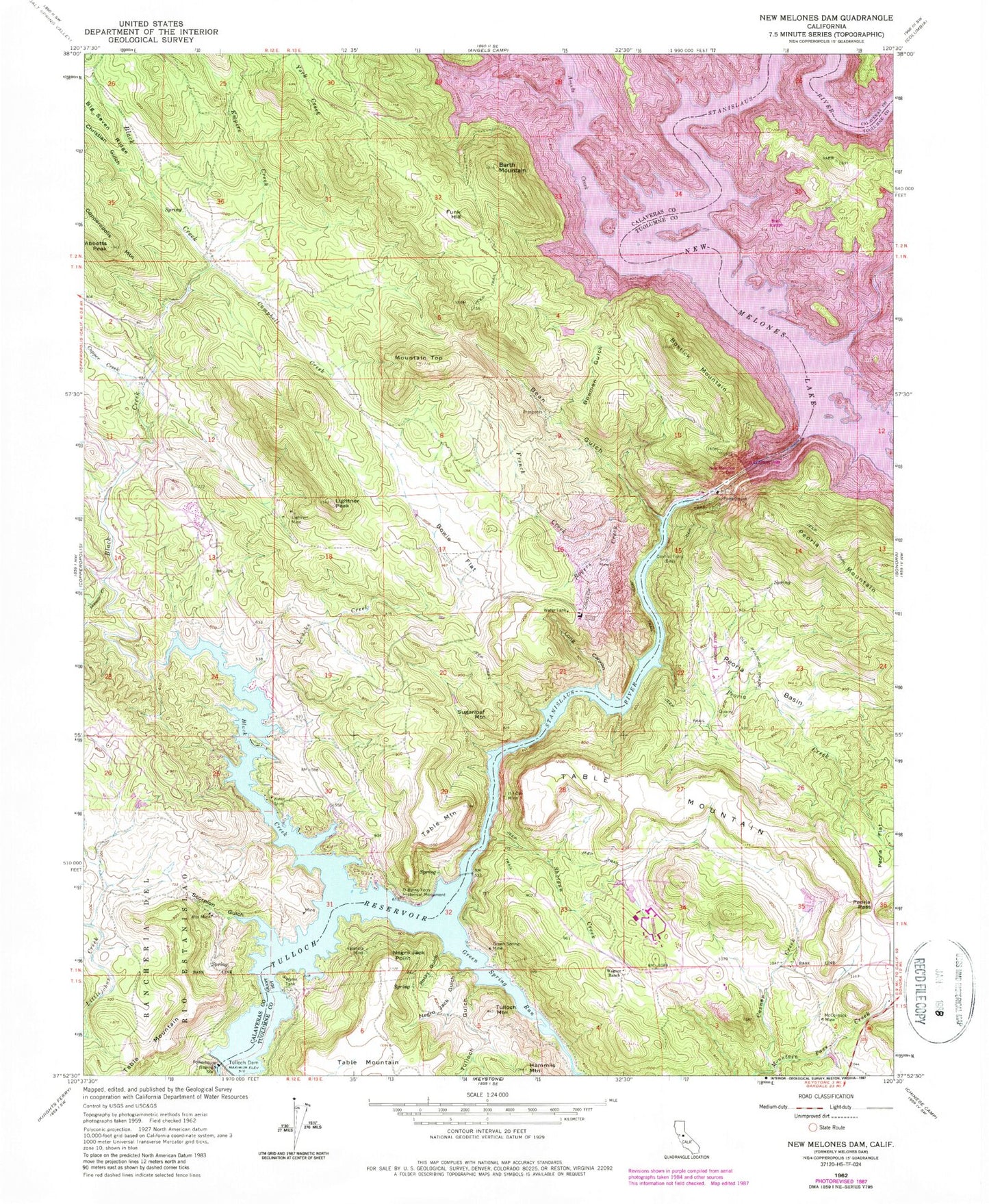 Classic USGS New Melones Dam California 7.5'x7.5' Topo Map Image