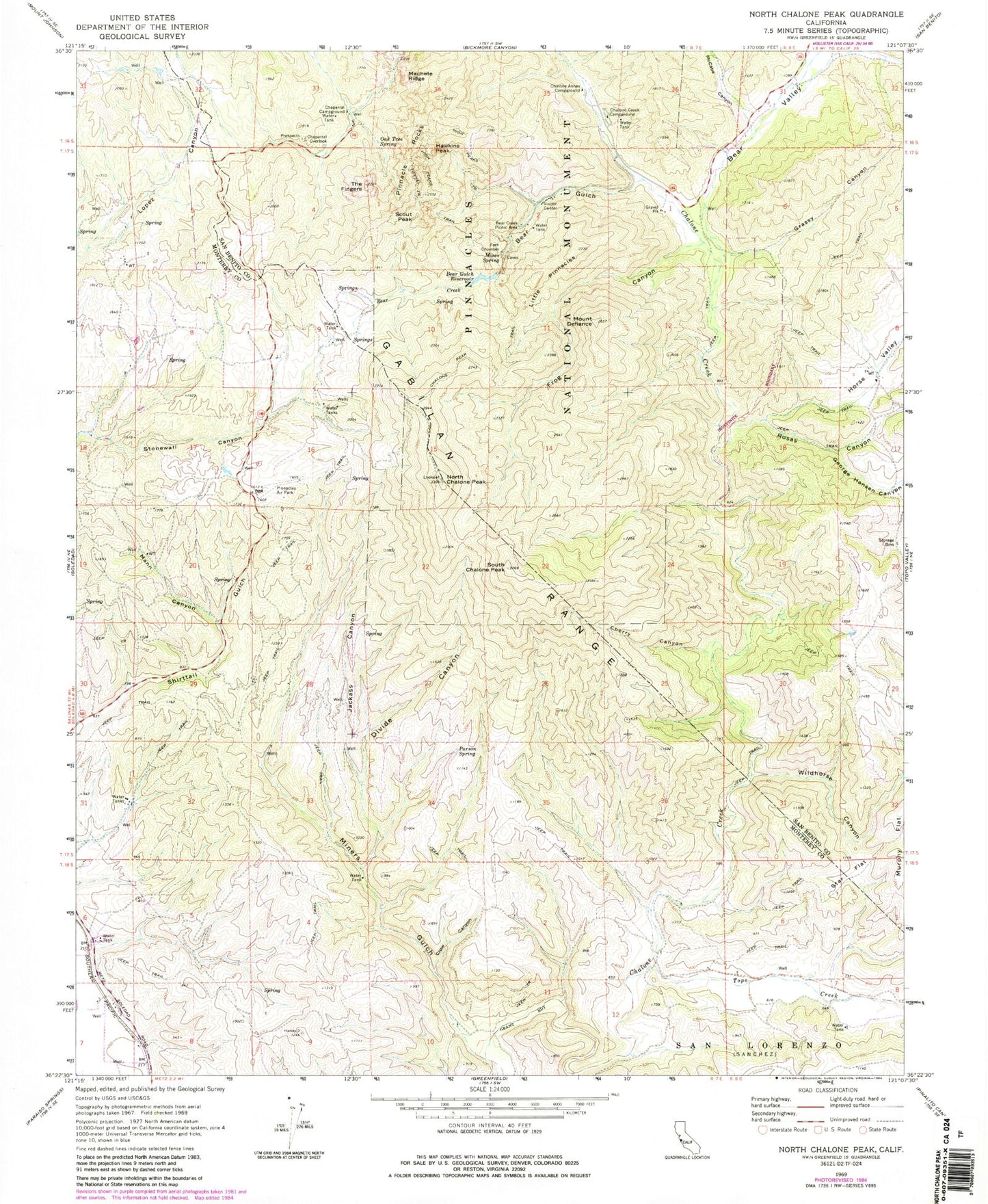 Classic USGS North Chalone Peak California 7.5'x7.5' Topo Map Image