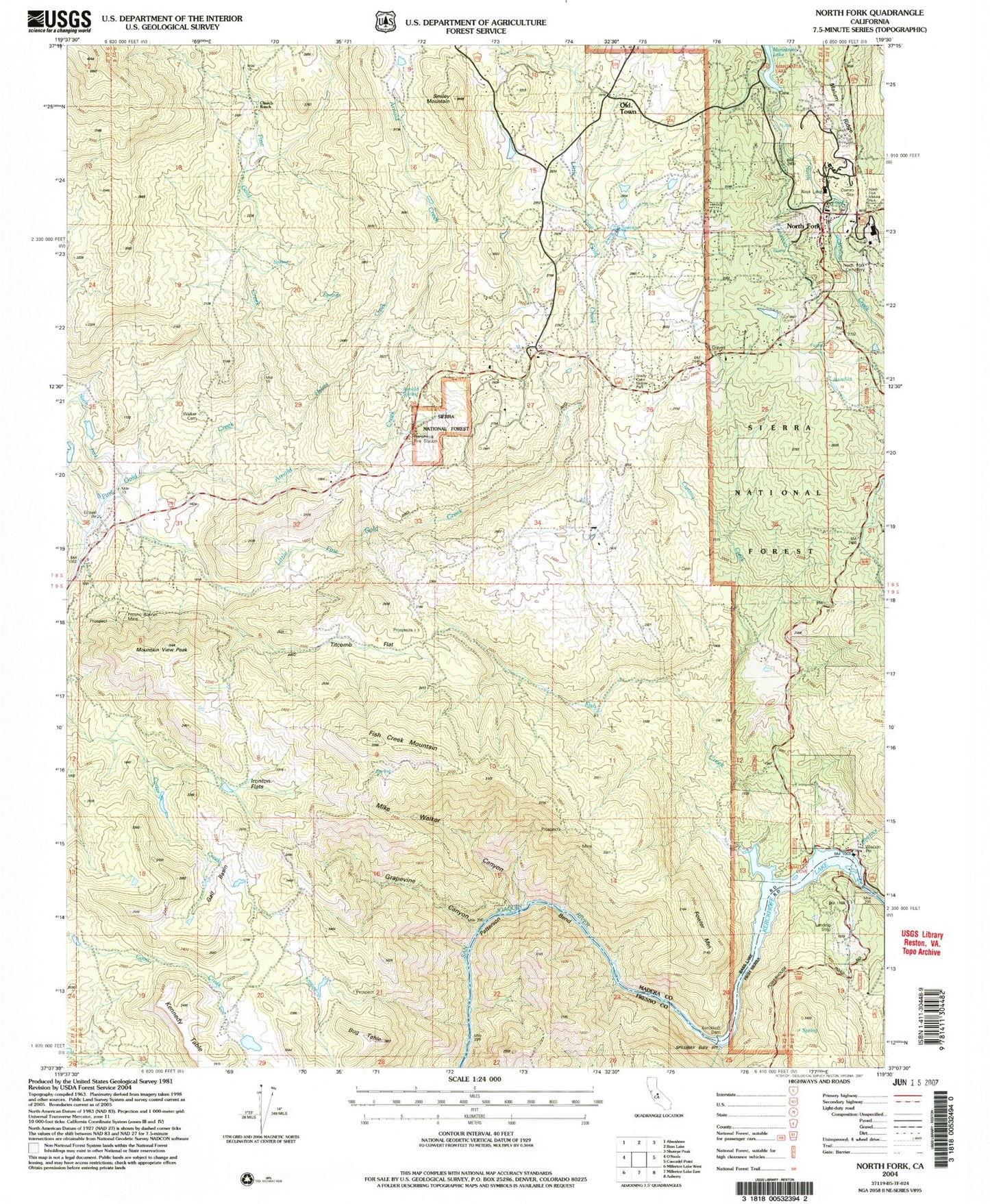 Classic USGS North Fork California 7.5'x7.5' Topo Map Image