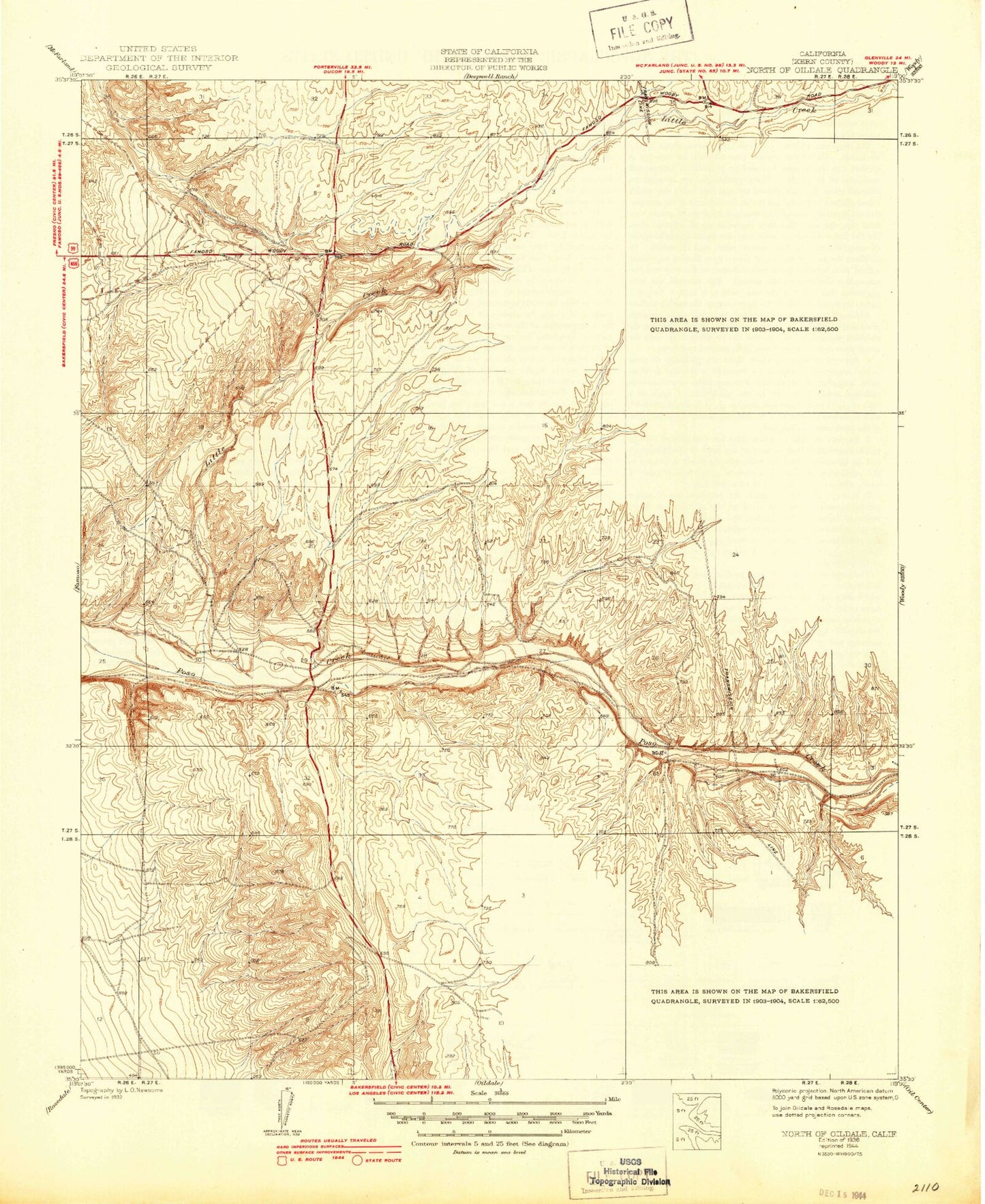 Classic USGS North of Oildale California 7.5'x7.5' Topo Map Image
