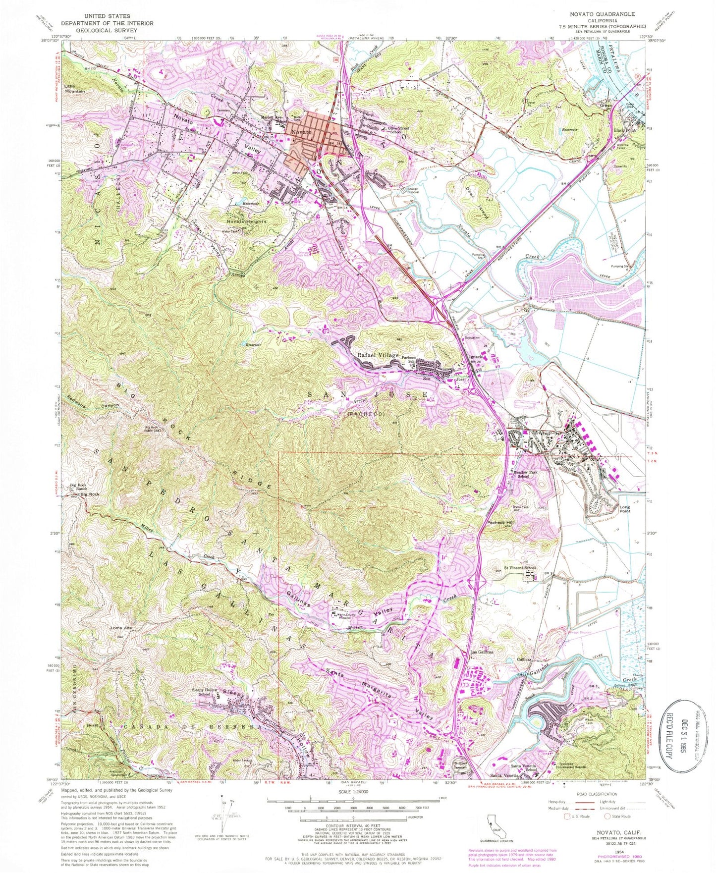 Classic USGS Novato California 7.5'x7.5' Topo Map Image