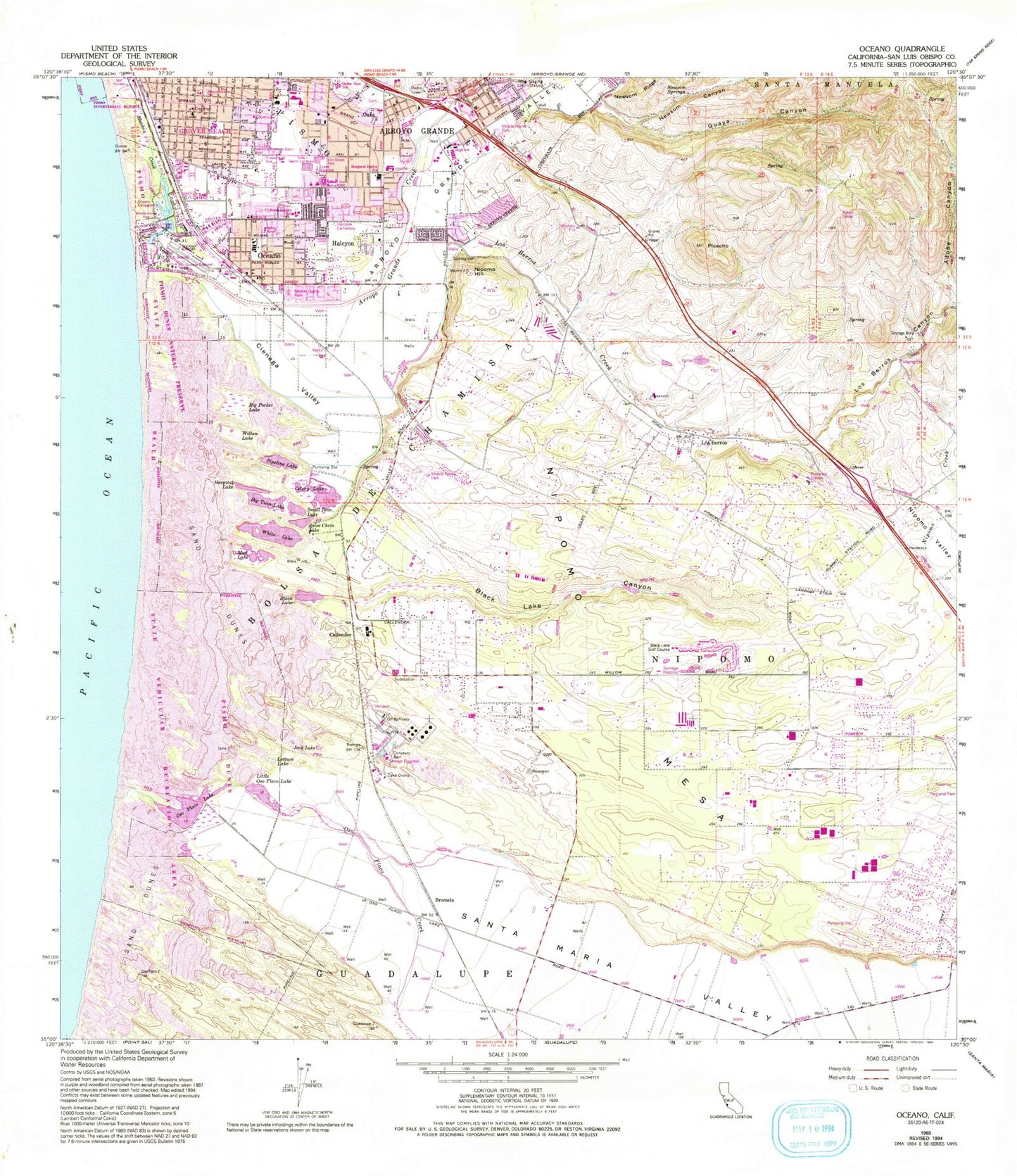 Classic USGS Oceano California 7.5'x7.5' Topo Map Image