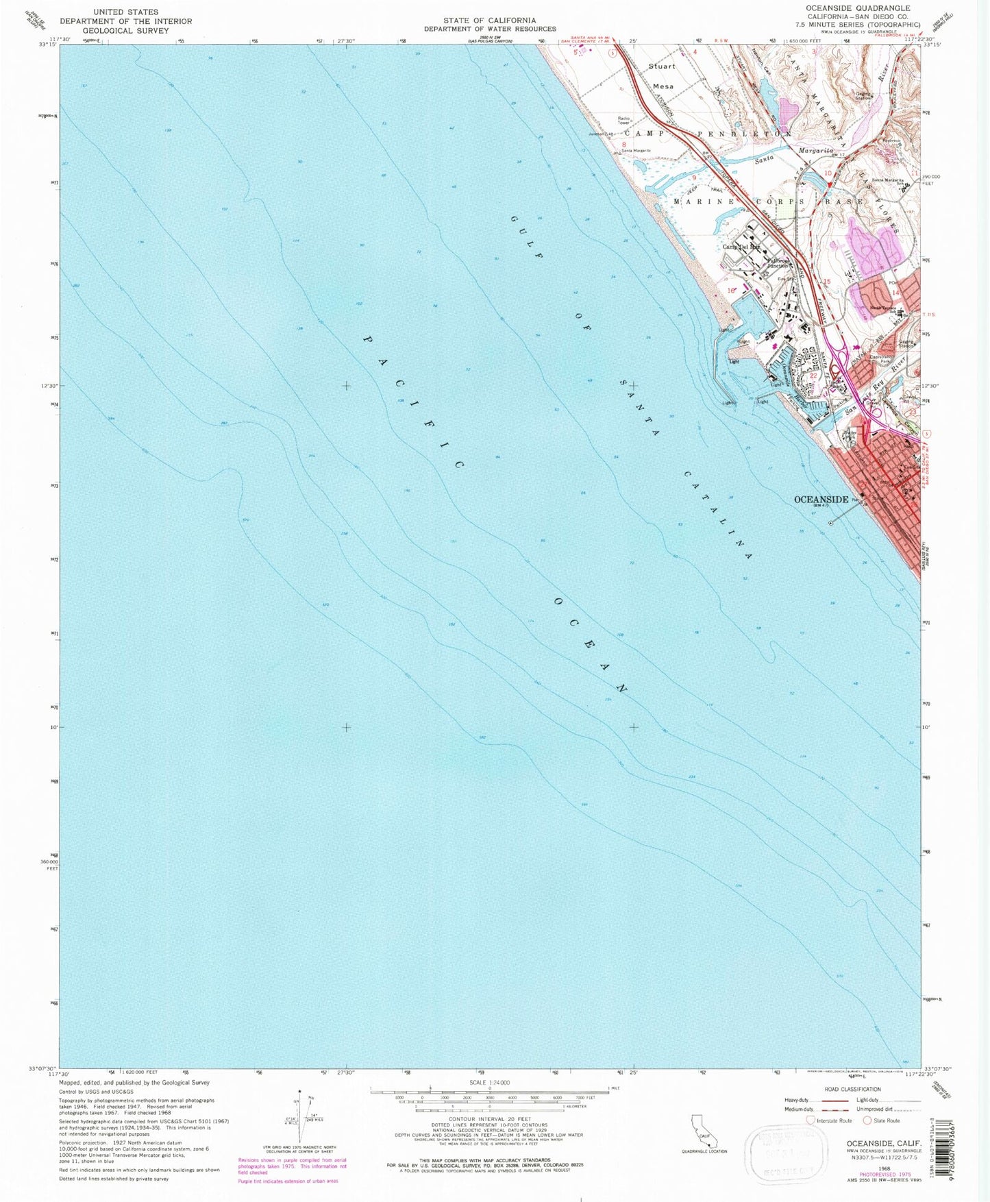 Classic USGS Oceanside California 7.5'x7.5' Topo Map Image