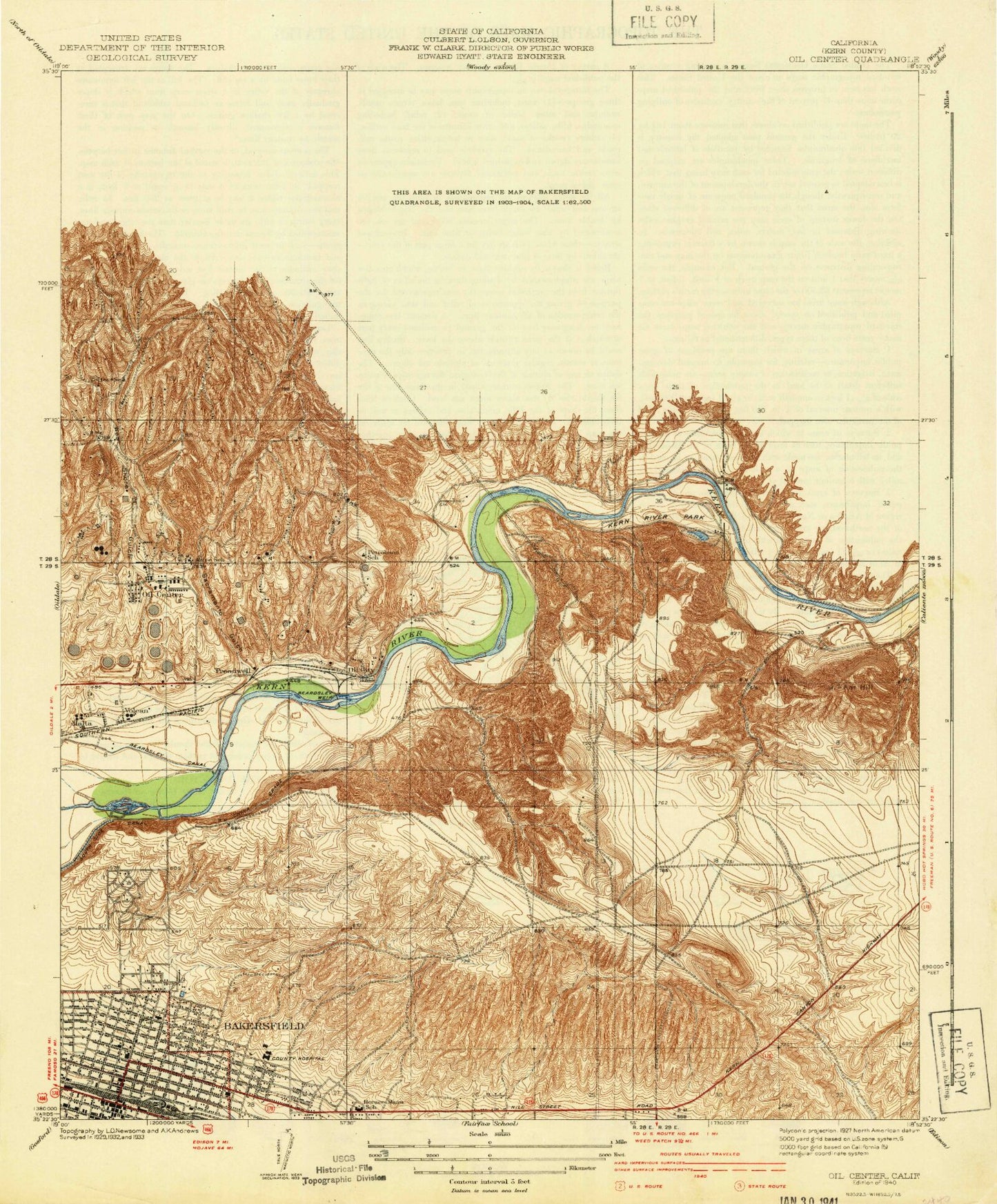 Classic USGS Oil Center California 7.5'x7.5' Topo Map Image