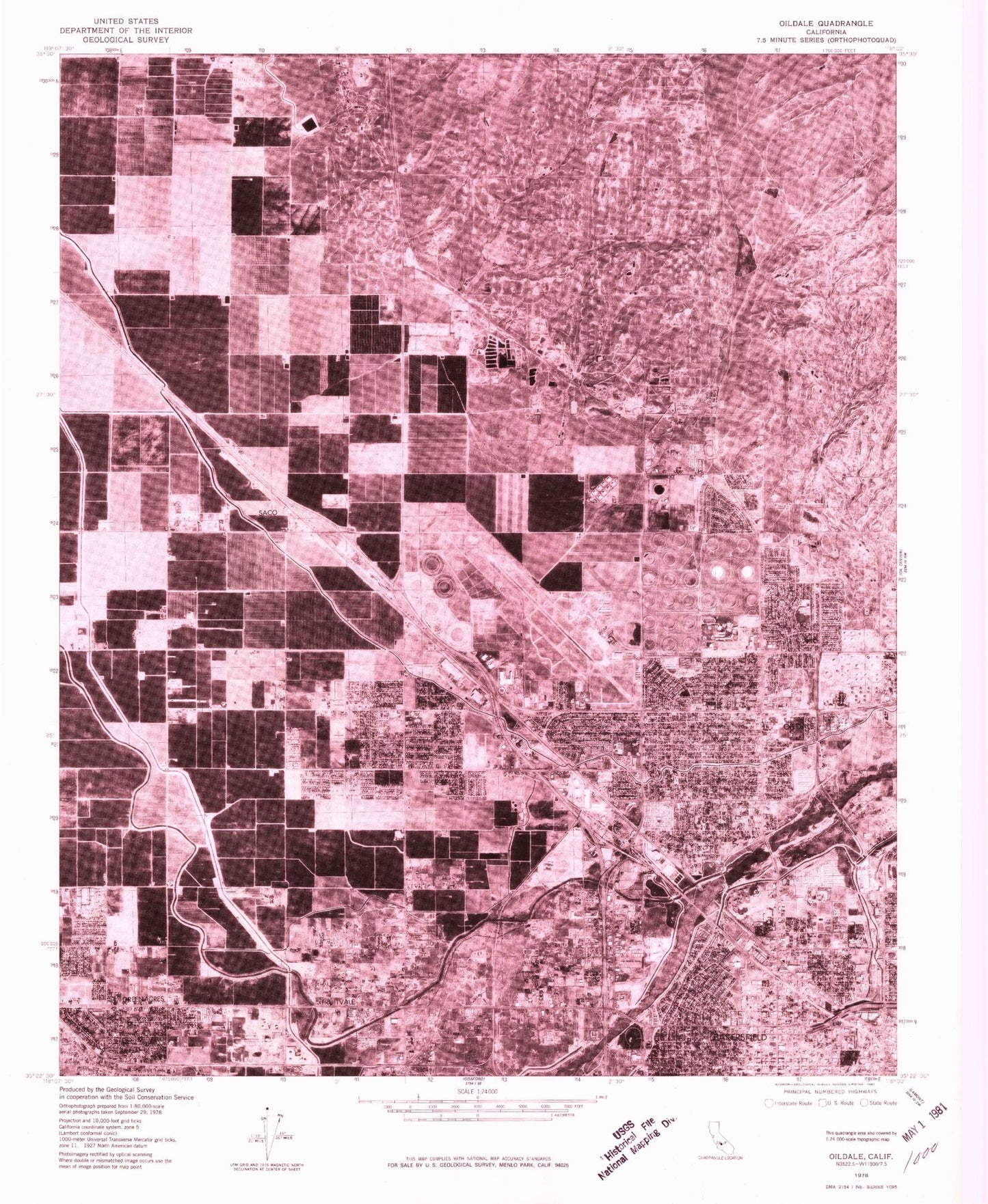 Classic USGS Oildale California 7.5'x7.5' Topo Map Image