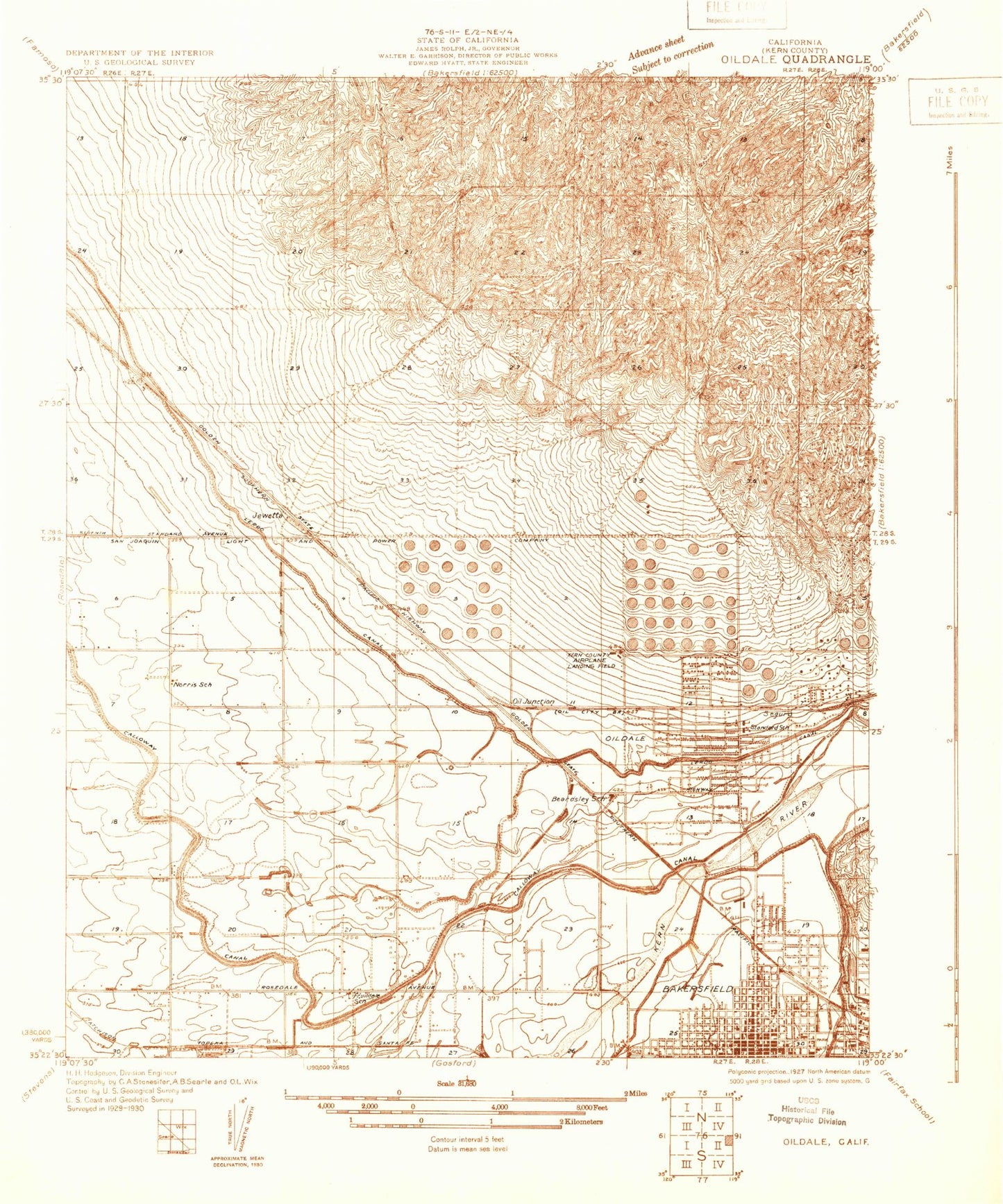 Classic USGS Oildale California 7.5'x7.5' Topo Map Image