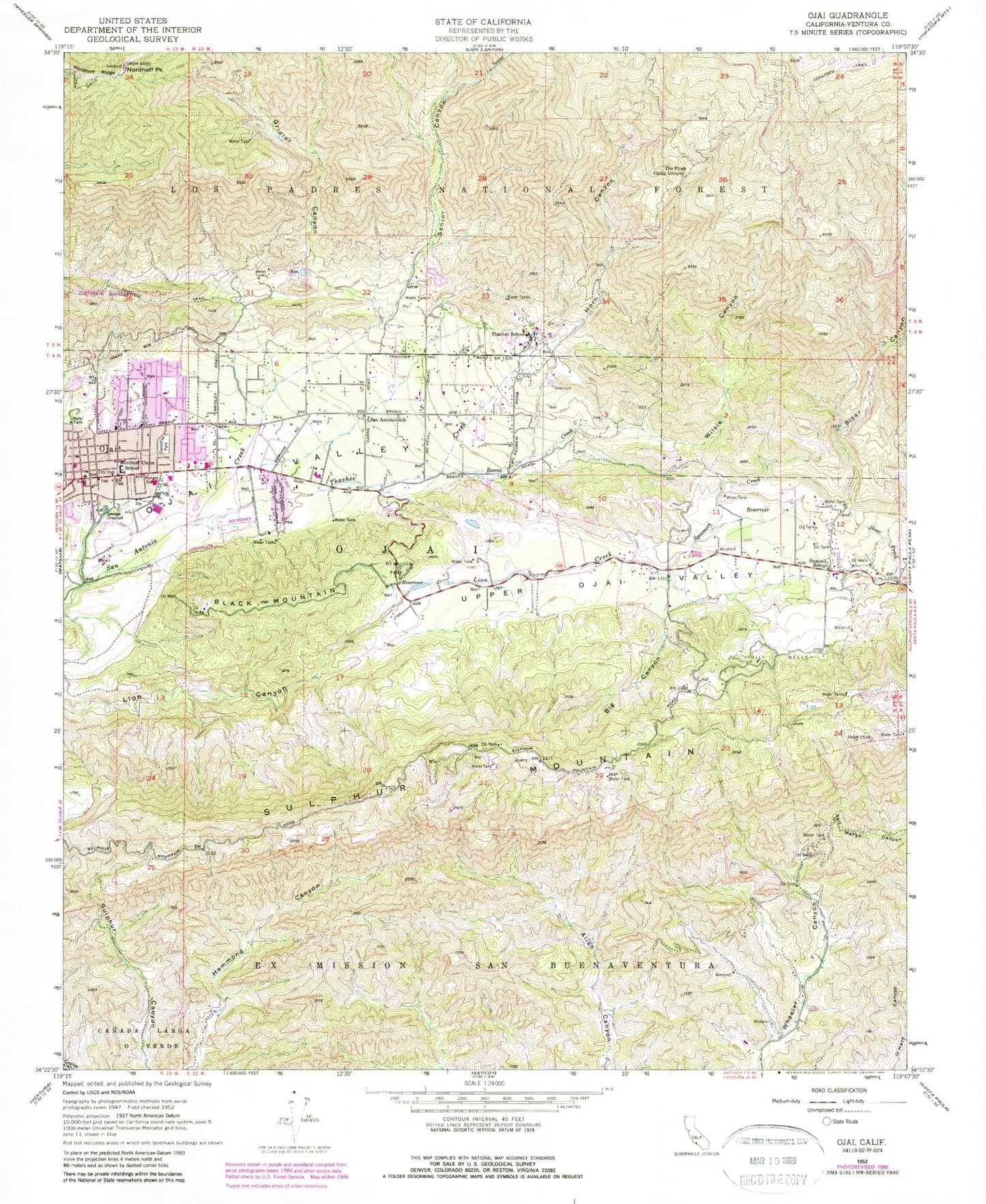 Classic USGS Ojai California 7.5'x7.5' Topo Map Image