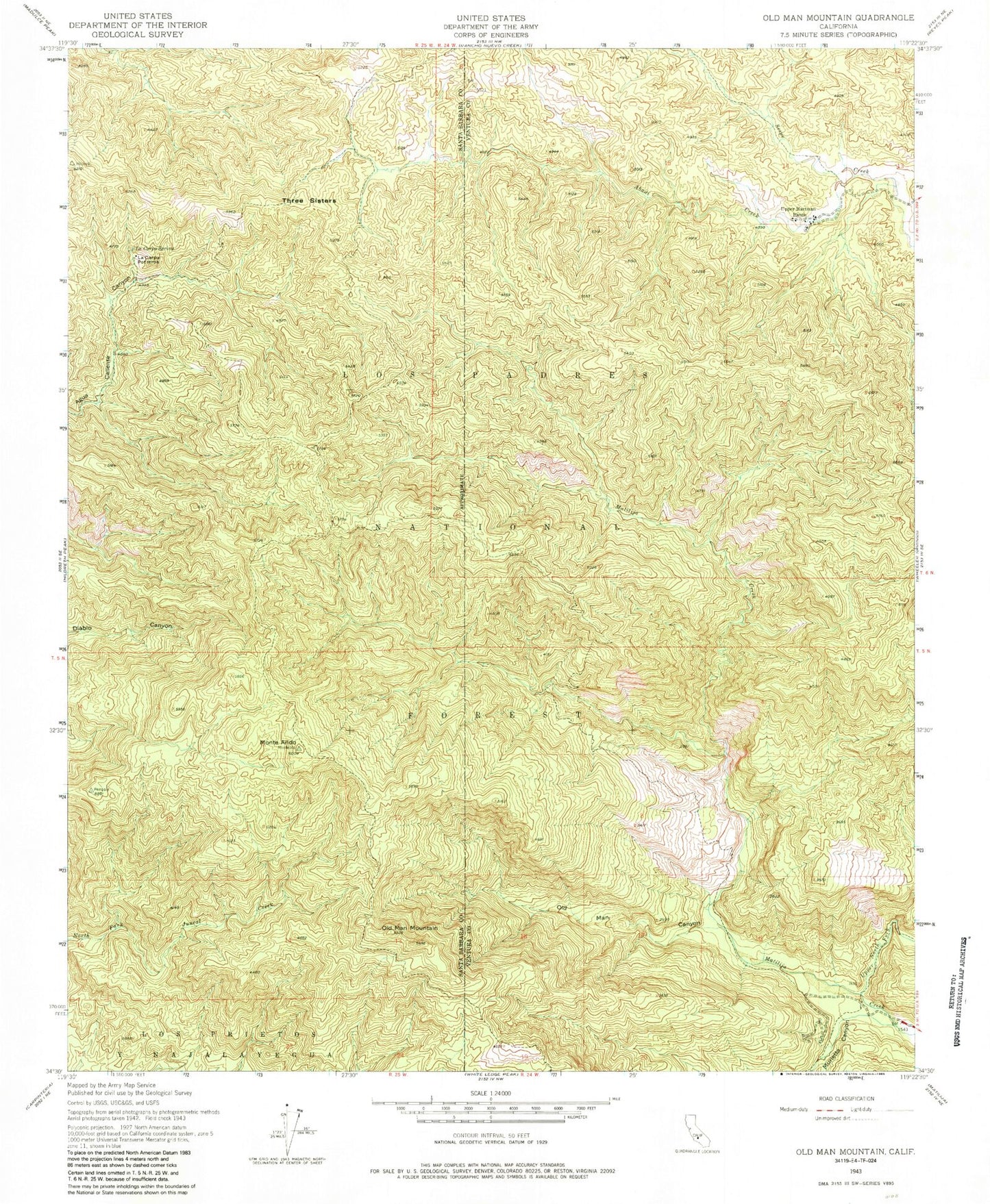 Classic USGS Old Man Mountain California 7.5'x7.5' Topo Map Image