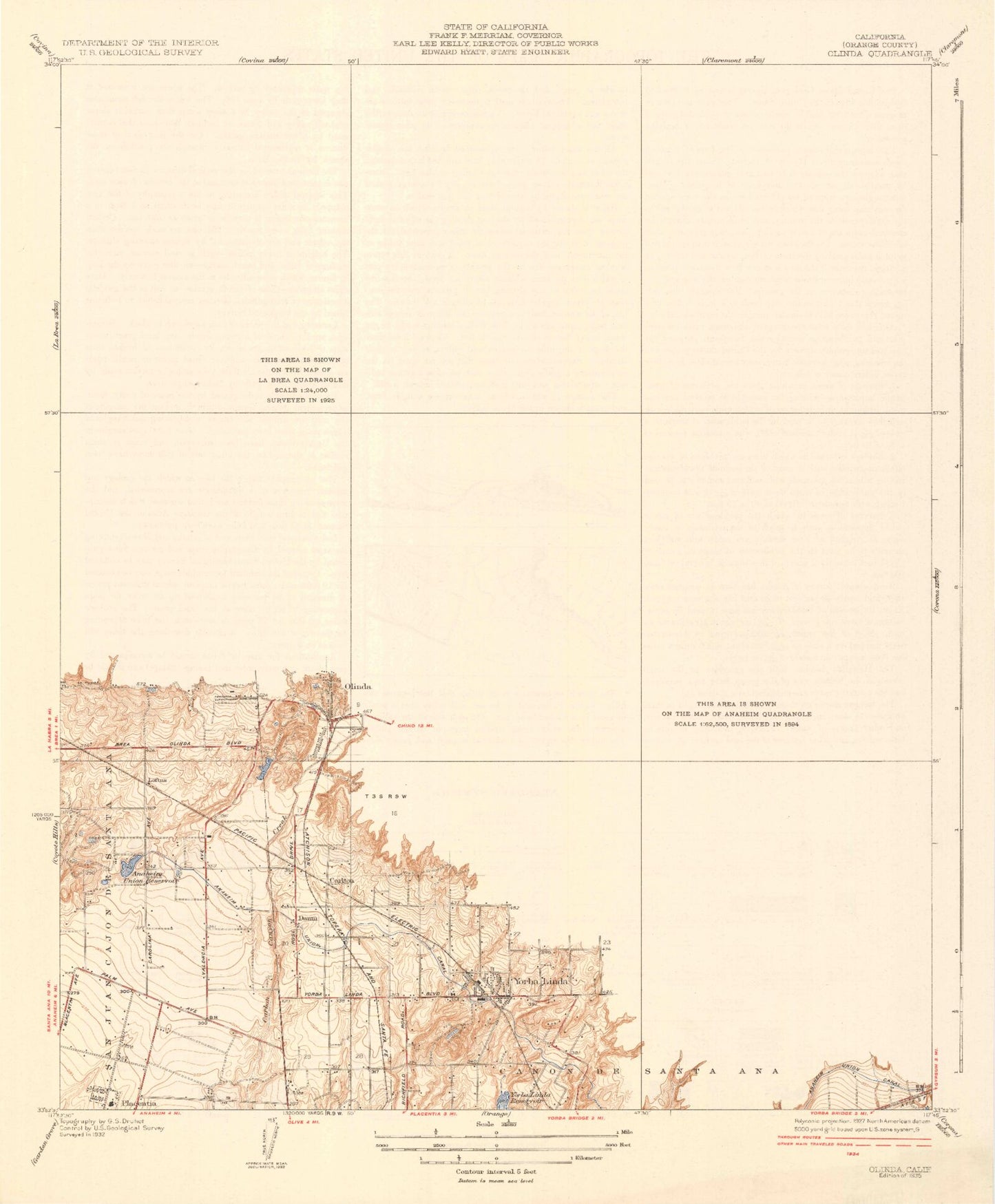 Classic USGS Yorba Linda California 7.5'x7.5' Topo Map Image