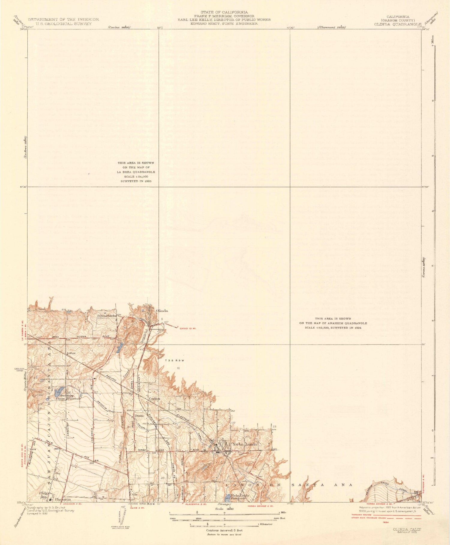 Classic USGS Yorba Linda California 7.5'x7.5' Topo Map Image