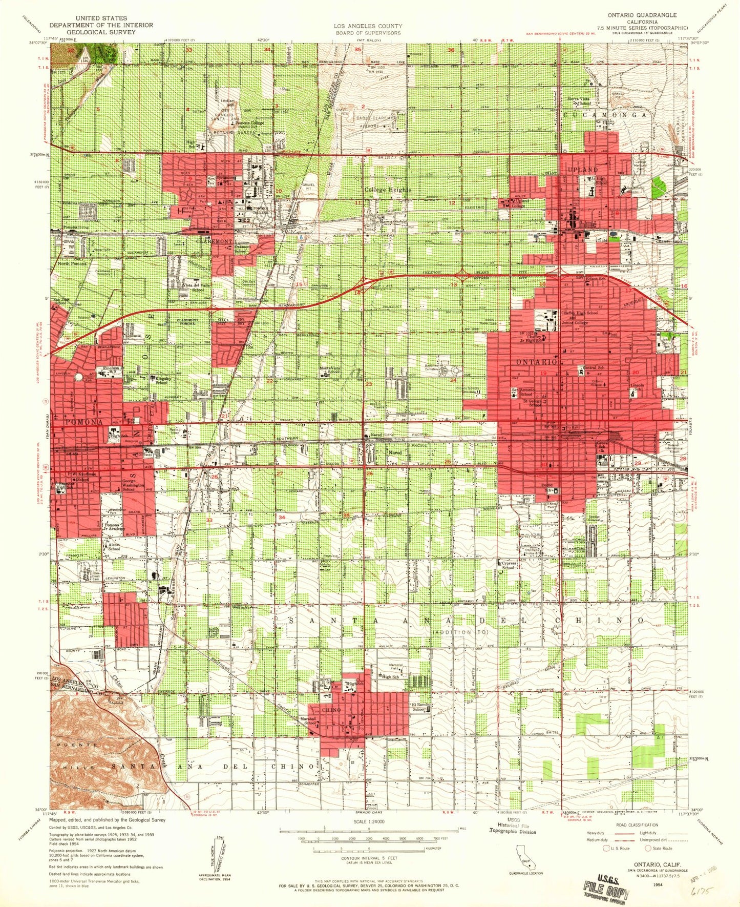 Classic USGS Ontario California 7.5'x7.5' Topo Map Image