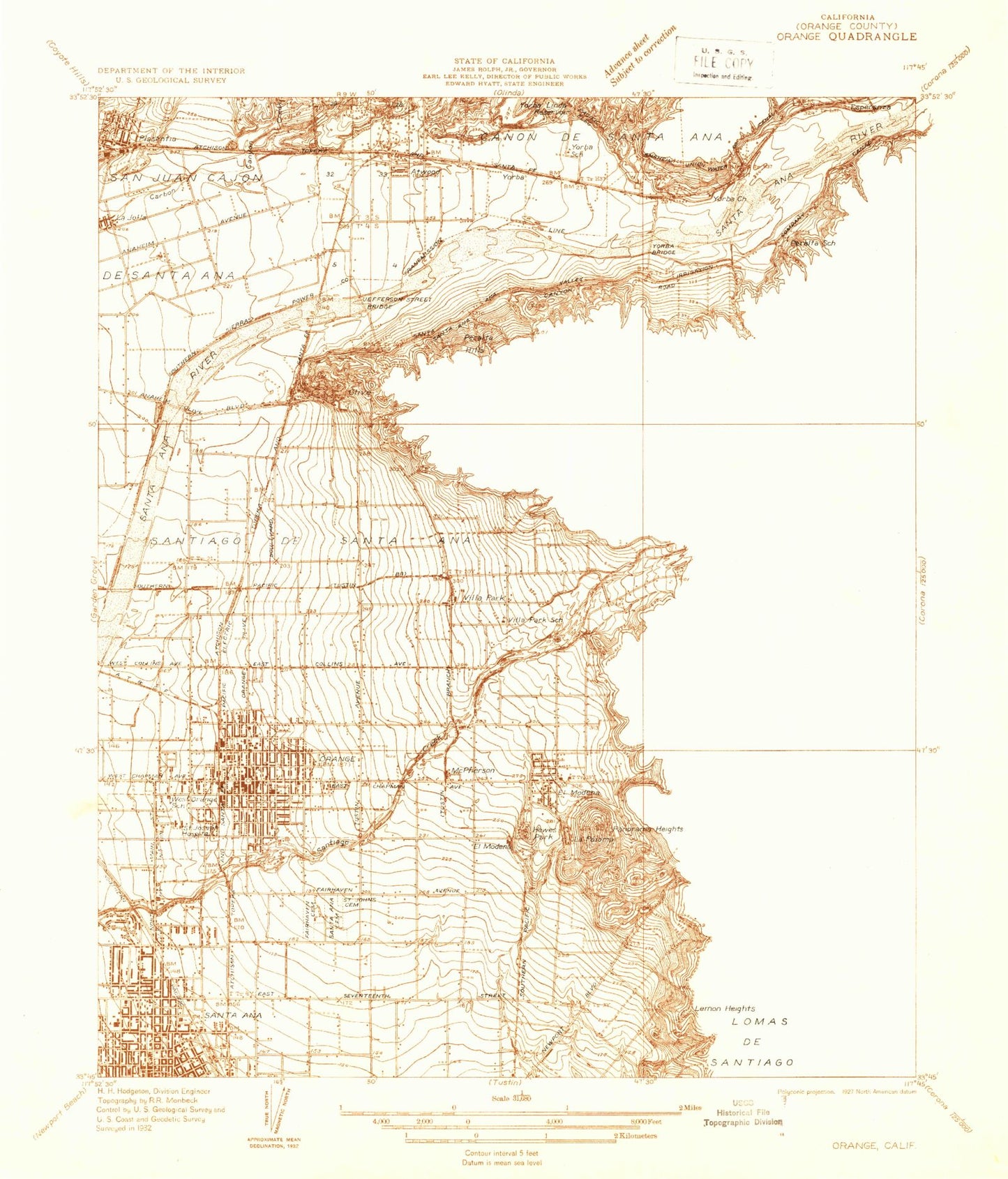 Classic USGS Orange California 7.5'x7.5' Topo Map Image