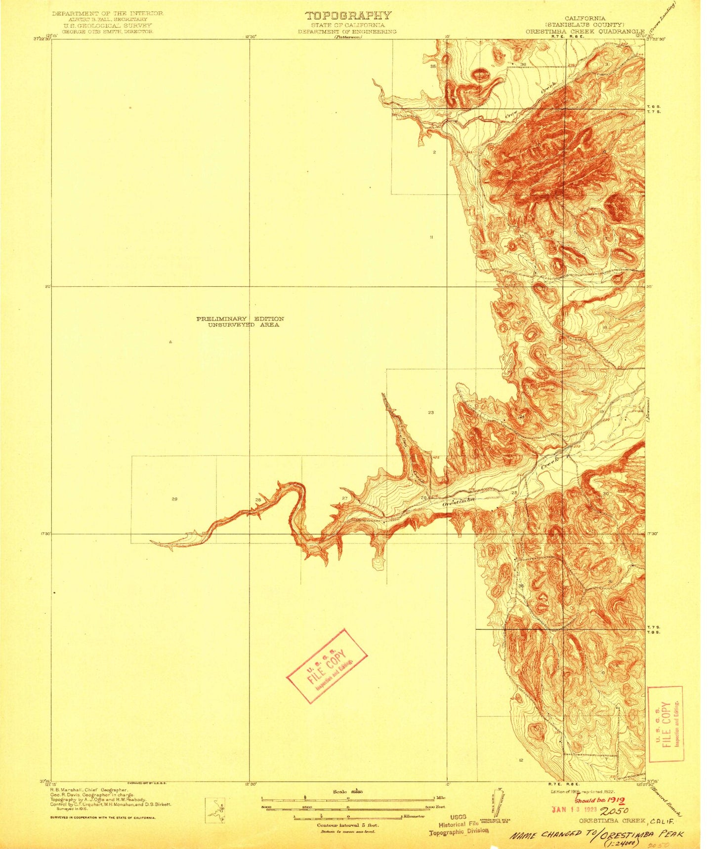 Classic USGS Orestimba Peak California 7.5'x7.5' Topo Map Image
