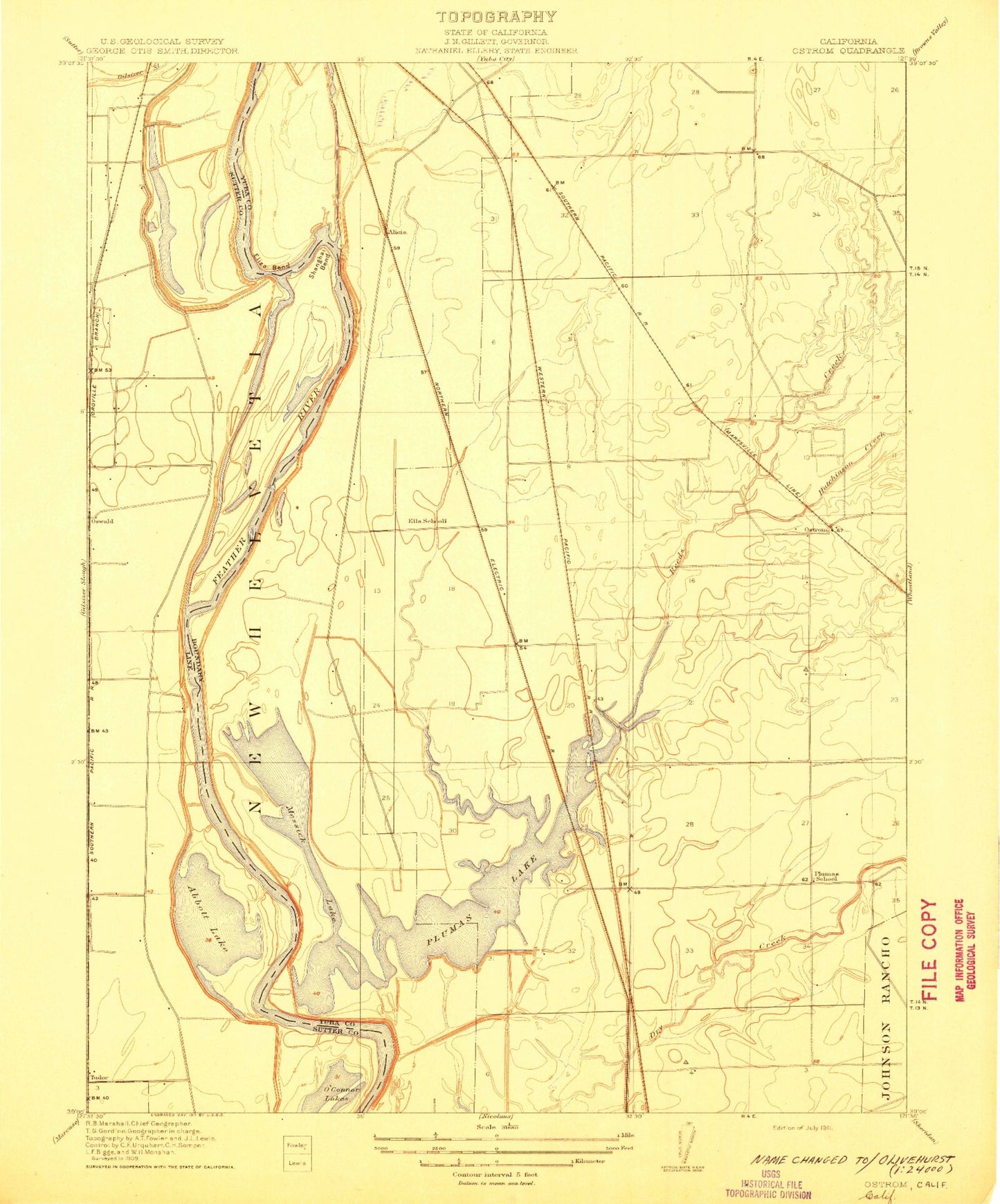 Classic USGS Olivehurst California 7.5'x7.5' Topo Map Image