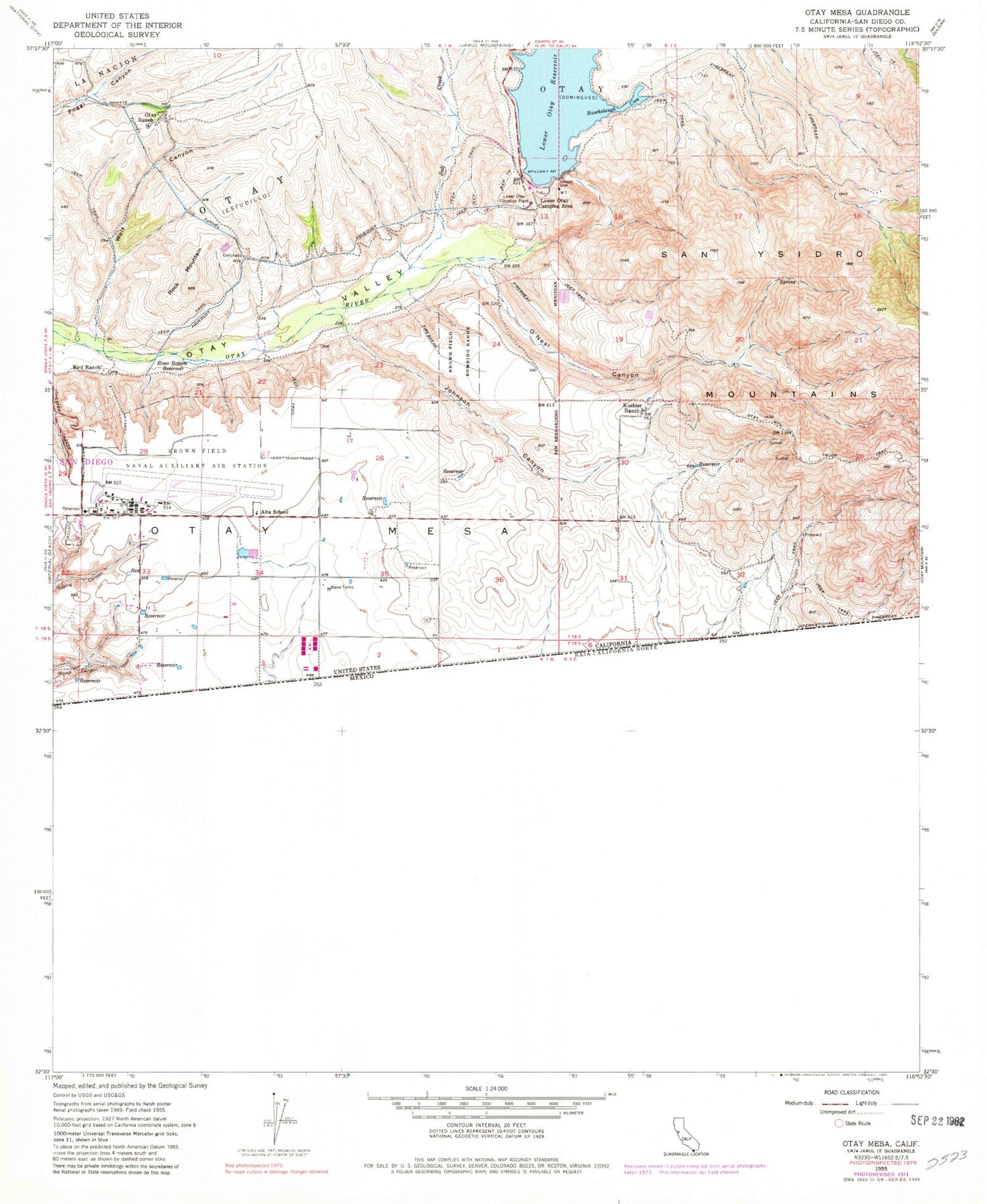 Classic USGS Otay Mesa California 7.5'x7.5' Topo Map Image
