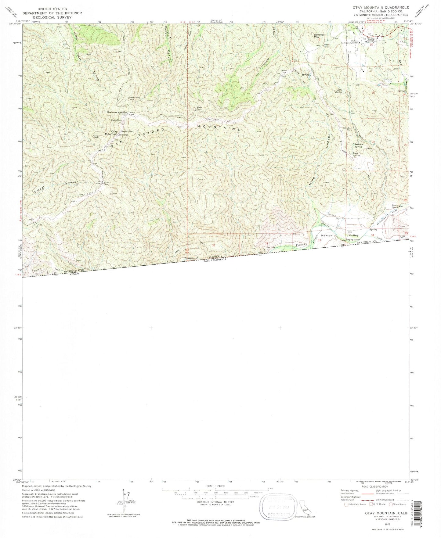 Classic USGS Otay Mountain California 7.5'x7.5' Topo Map Image