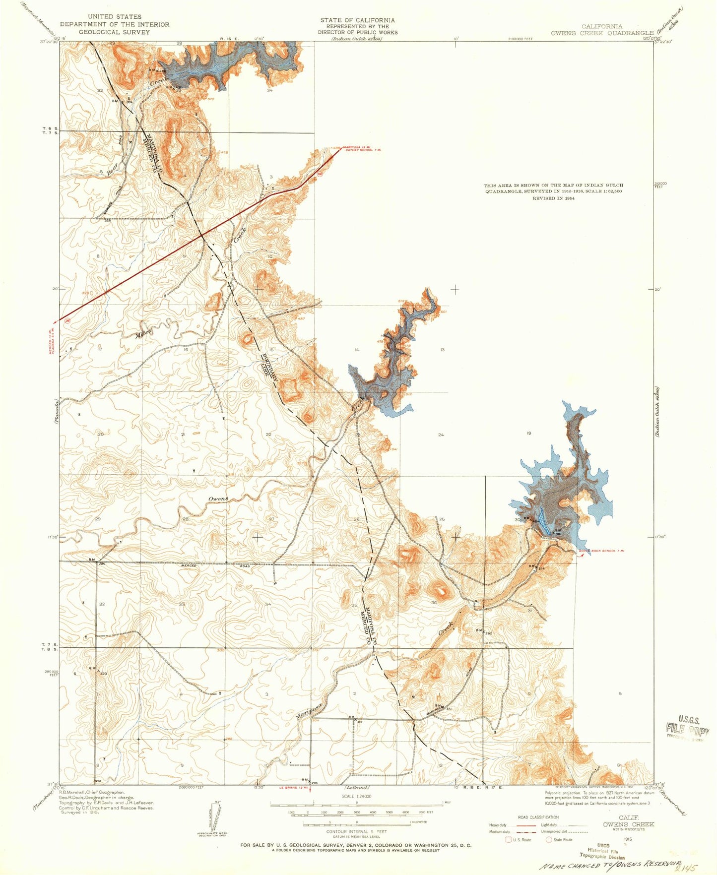 Classic USGS Owens Reservoir California 7.5'x7.5' Topo Map Image