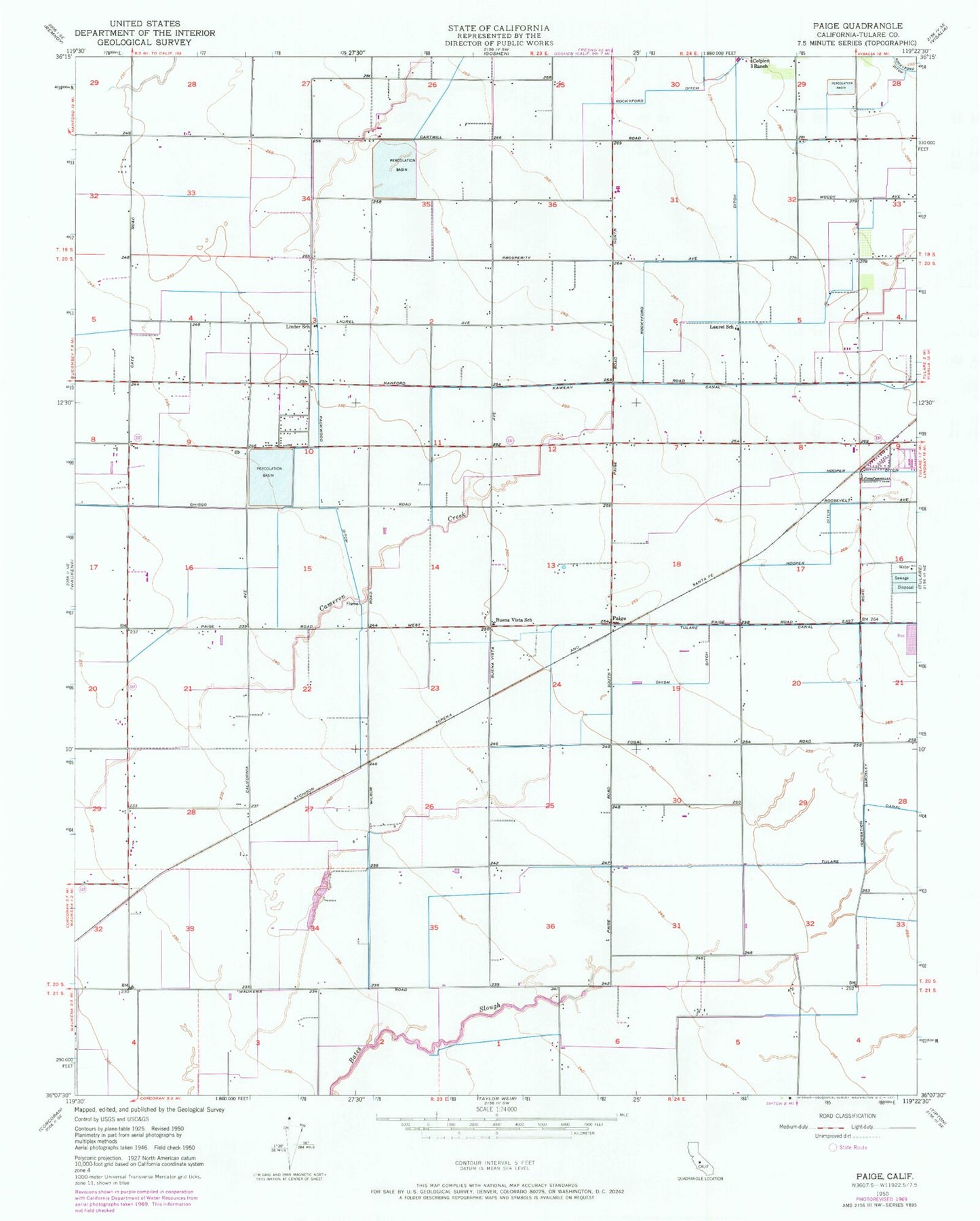 Classic USGS Paige California 7.5'x7.5' Topo Map Image