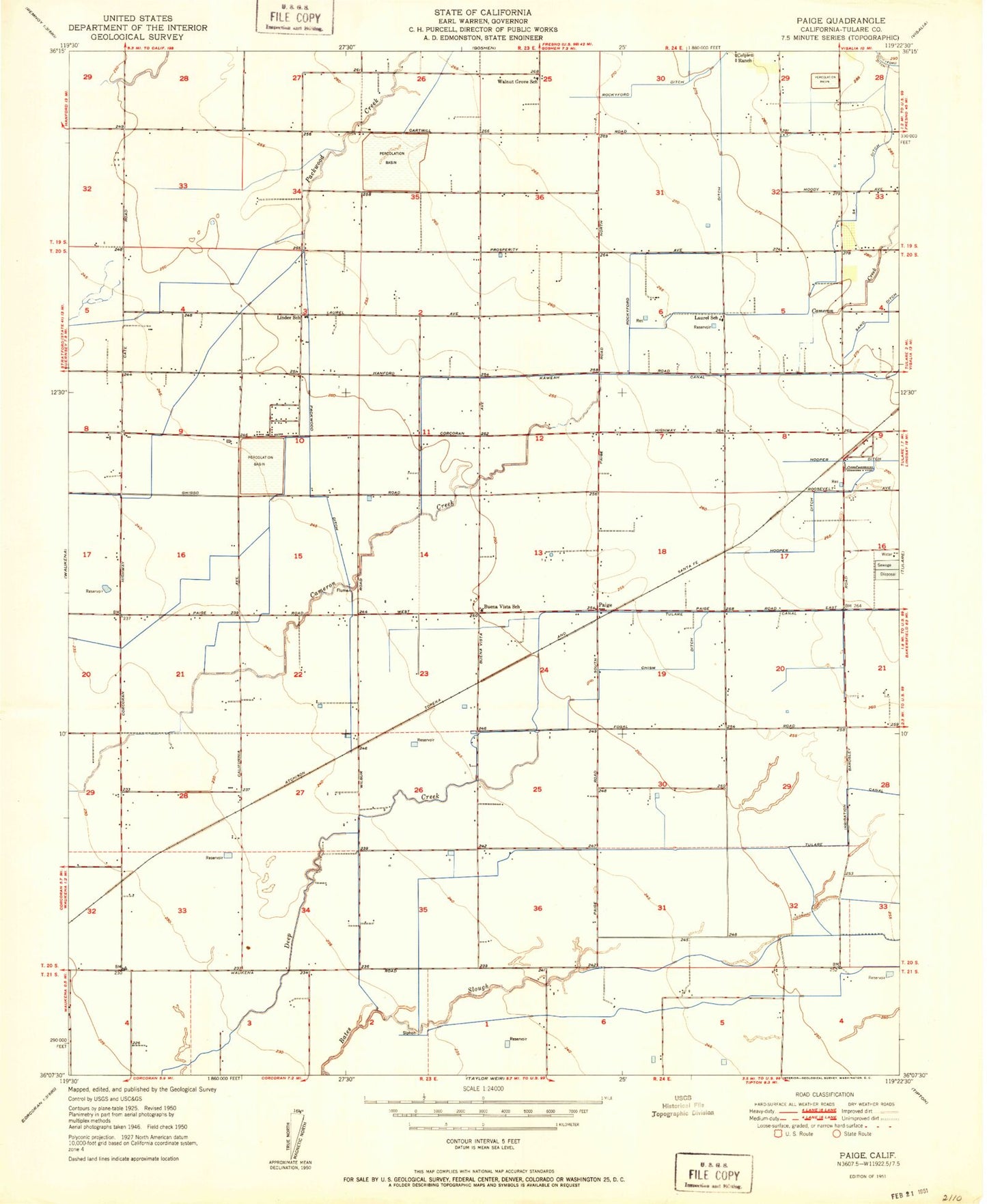 Classic USGS Paige California 7.5'x7.5' Topo Map Image