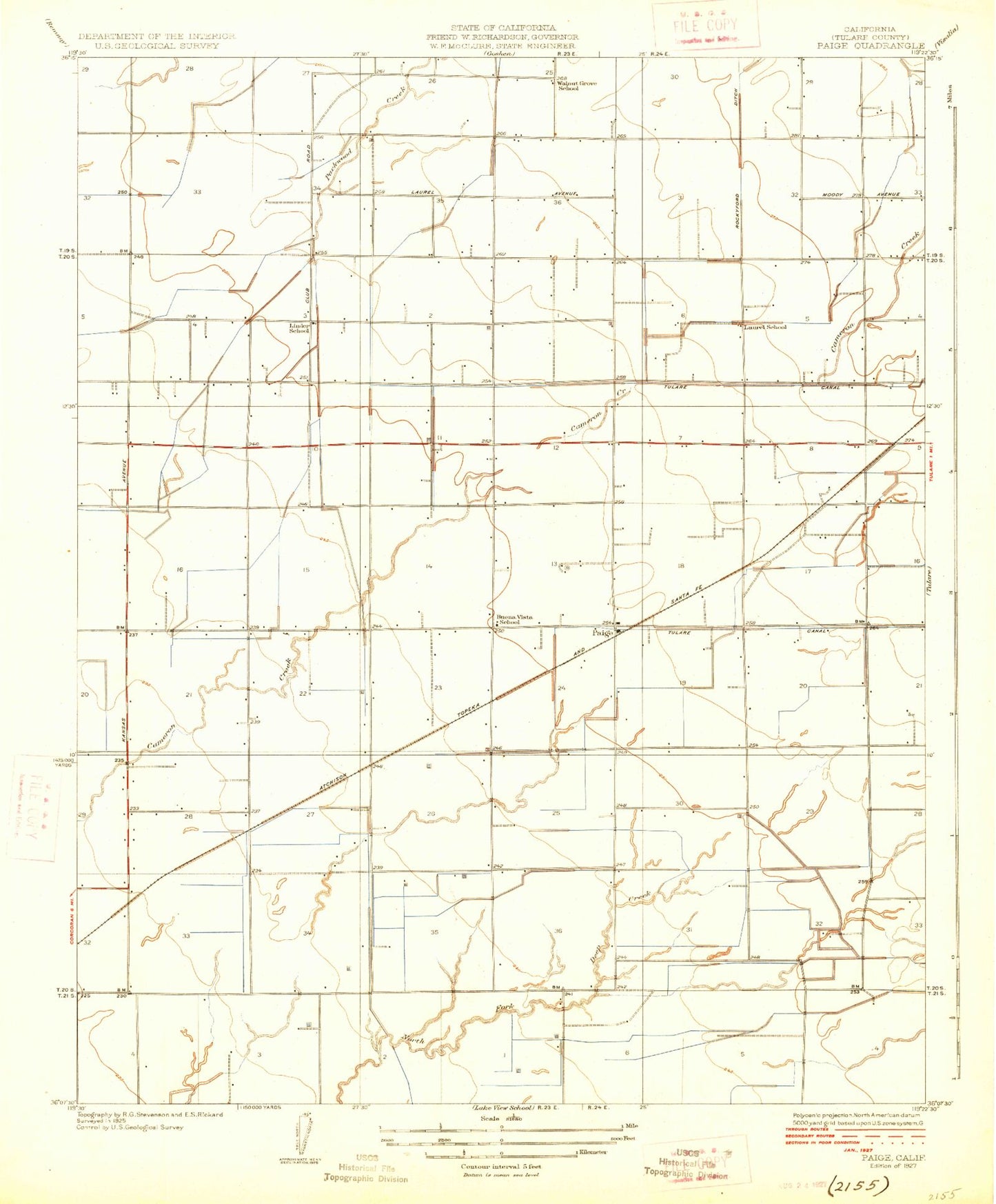 Classic USGS Paige California 7.5'x7.5' Topo Map Image