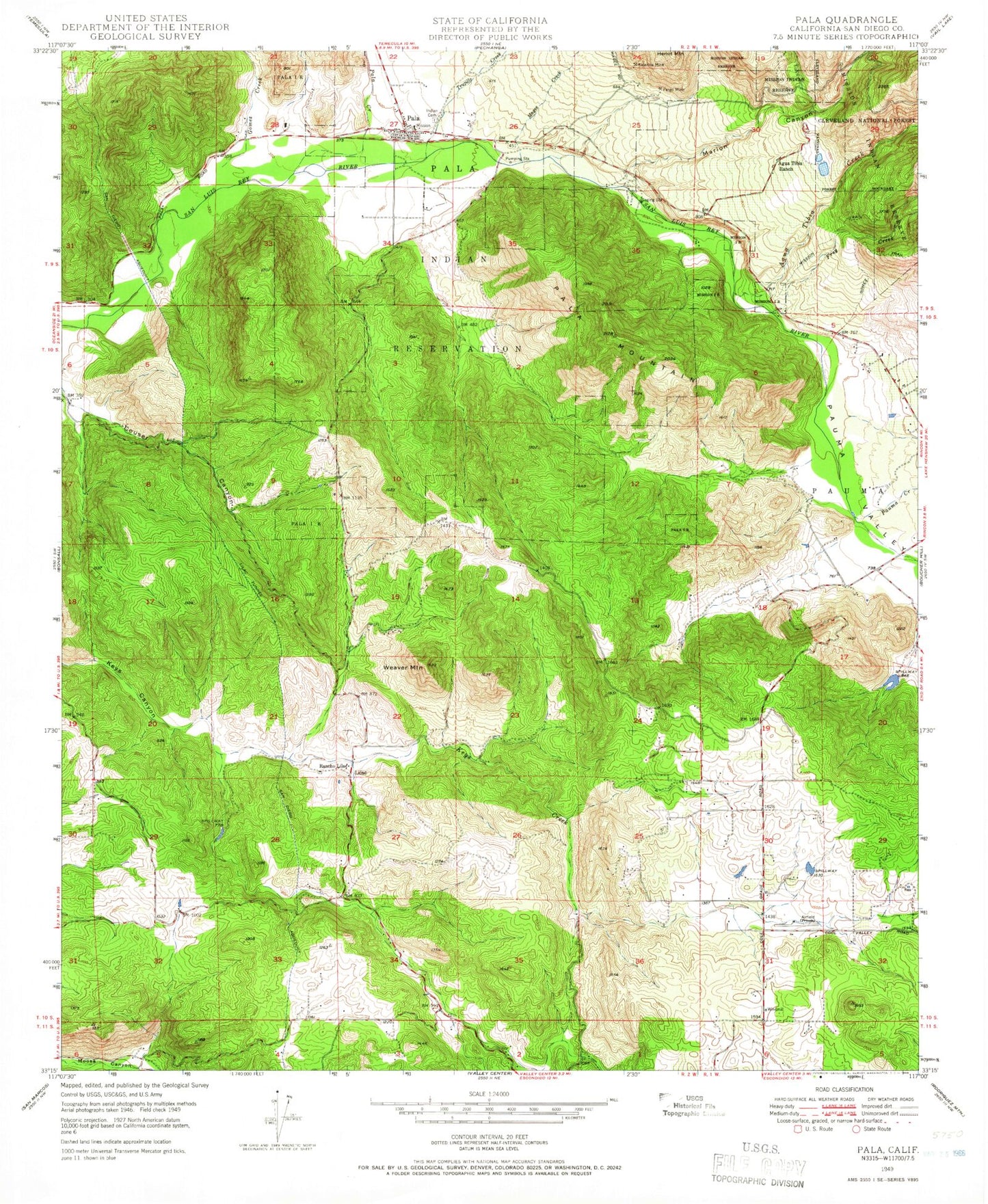 Classic USGS Pala California 7.5'x7.5' Topo Map Image