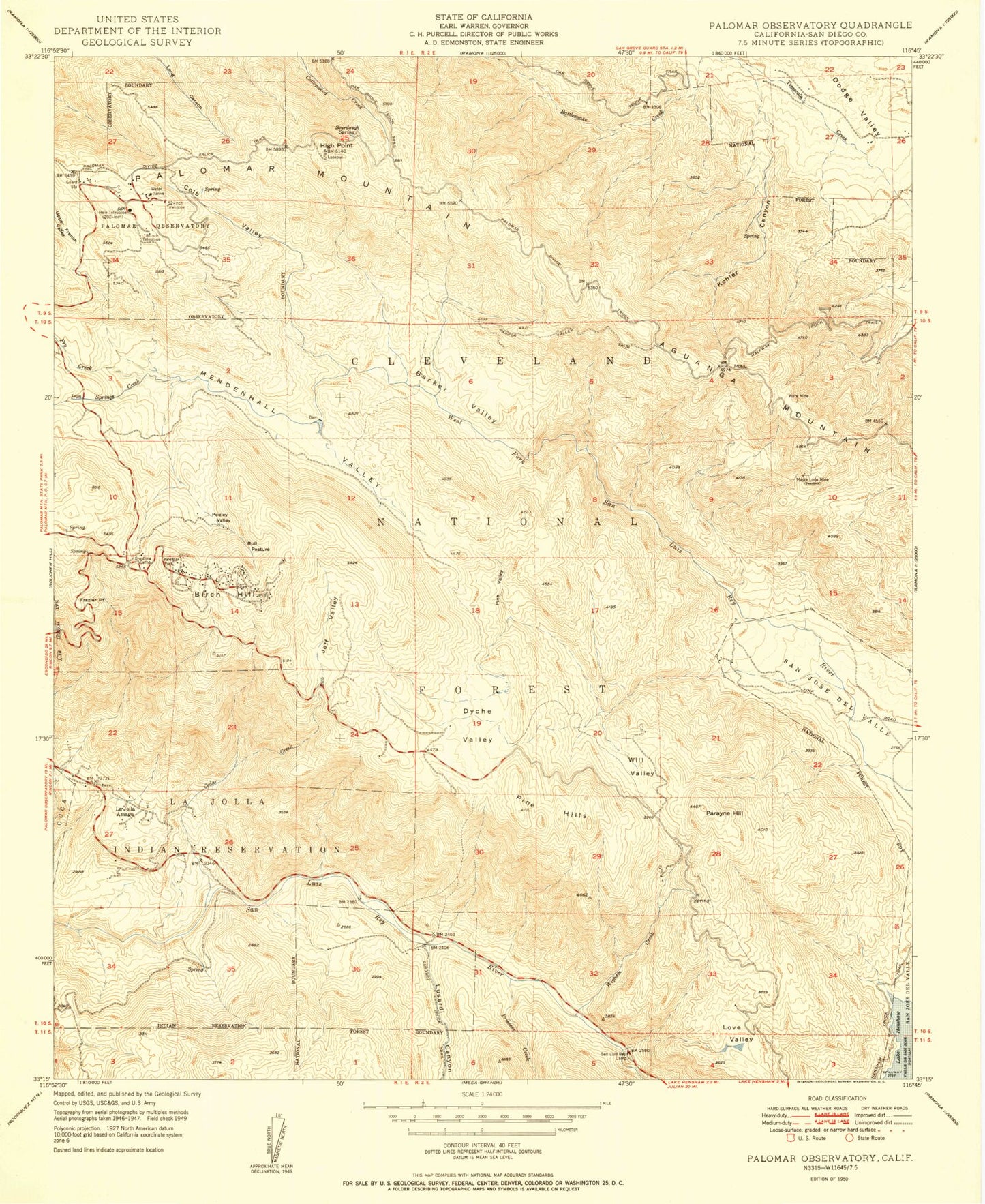 Classic USGS Palomar Observatory California 7.5'x7.5' Topo Map Image