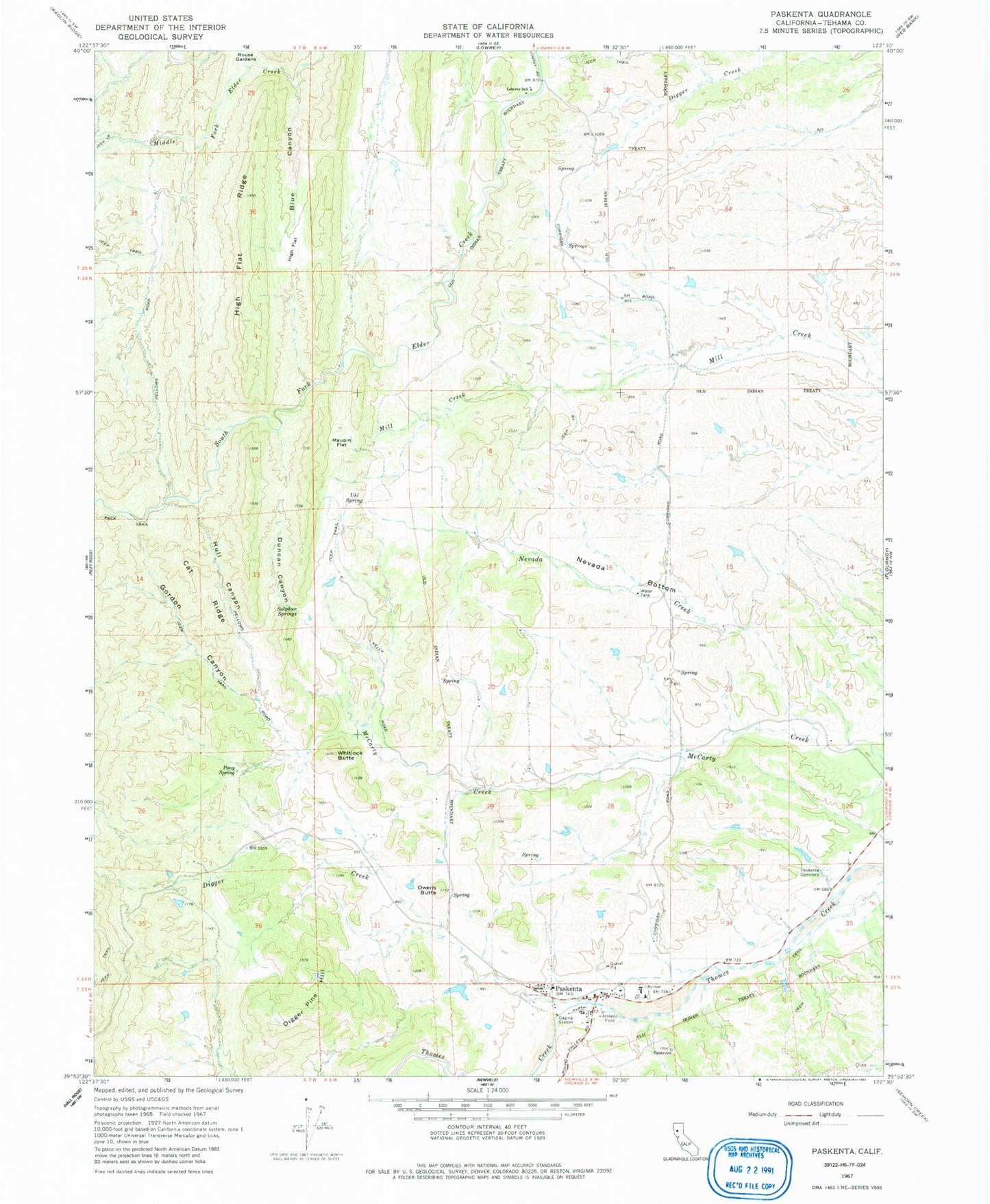 Classic USGS Paskenta California 7.5'x7.5' Topo Map Image