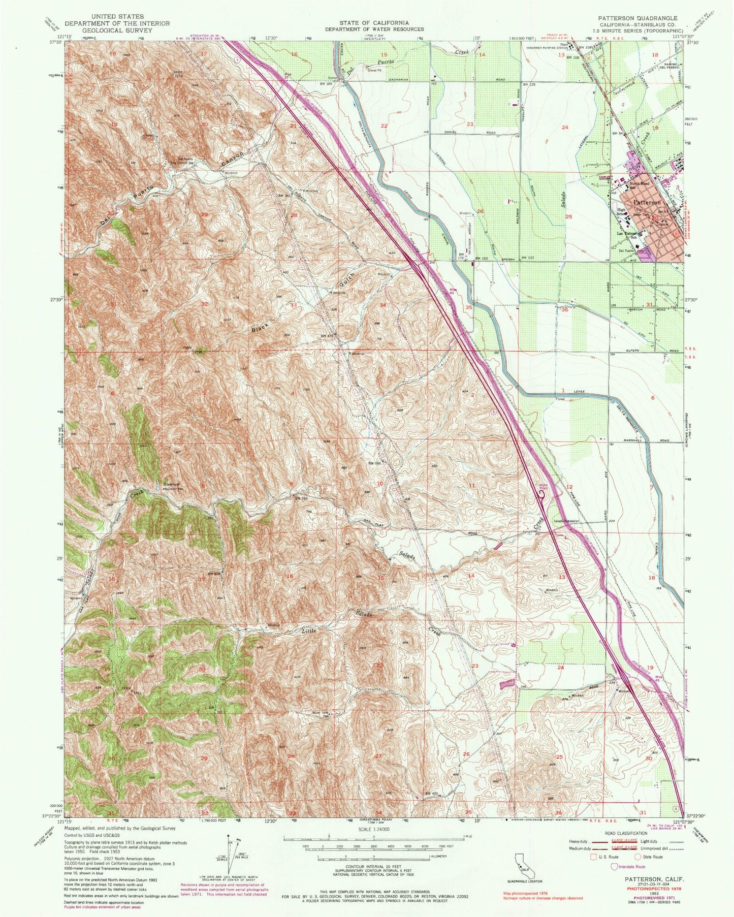 Classic USGS Patterson California 7.5'x7.5' Topo Map Image