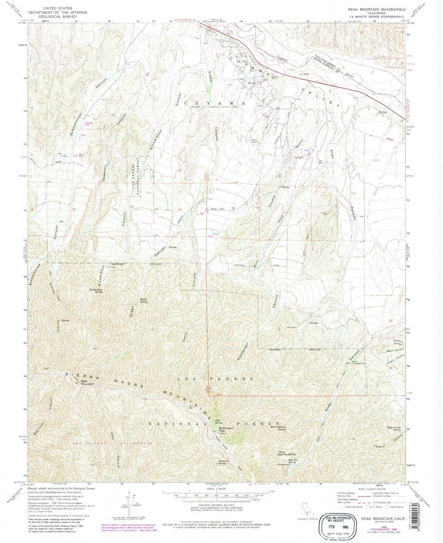 Classic USGS Peak Mountain California 7.5'x7.5' Topo Map Image