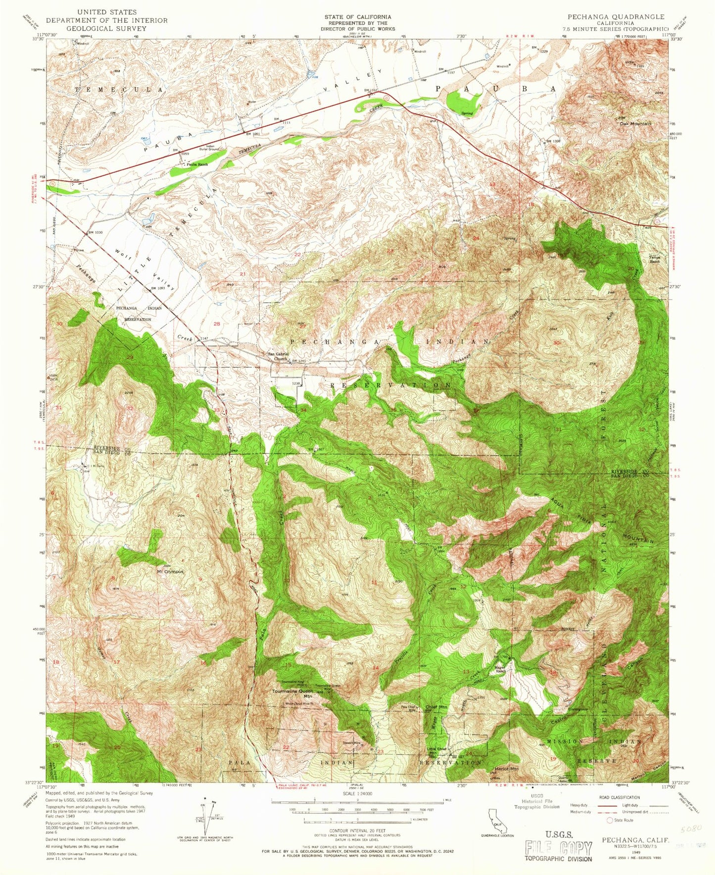 Classic USGS Pechanga California 7.5'x7.5' Topo Map Image