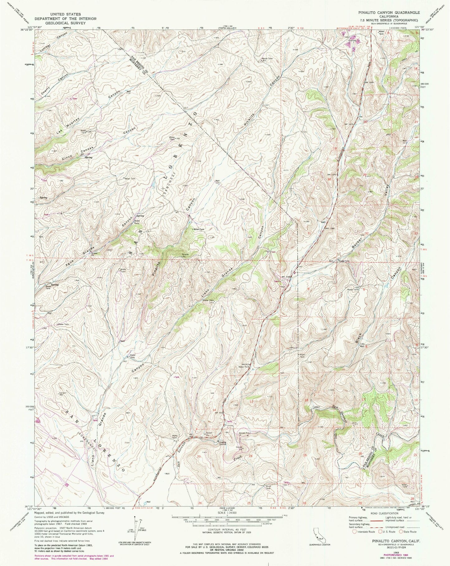 Classic USGS Pinalito Canyon California 7.5'x7.5' Topo Map Image