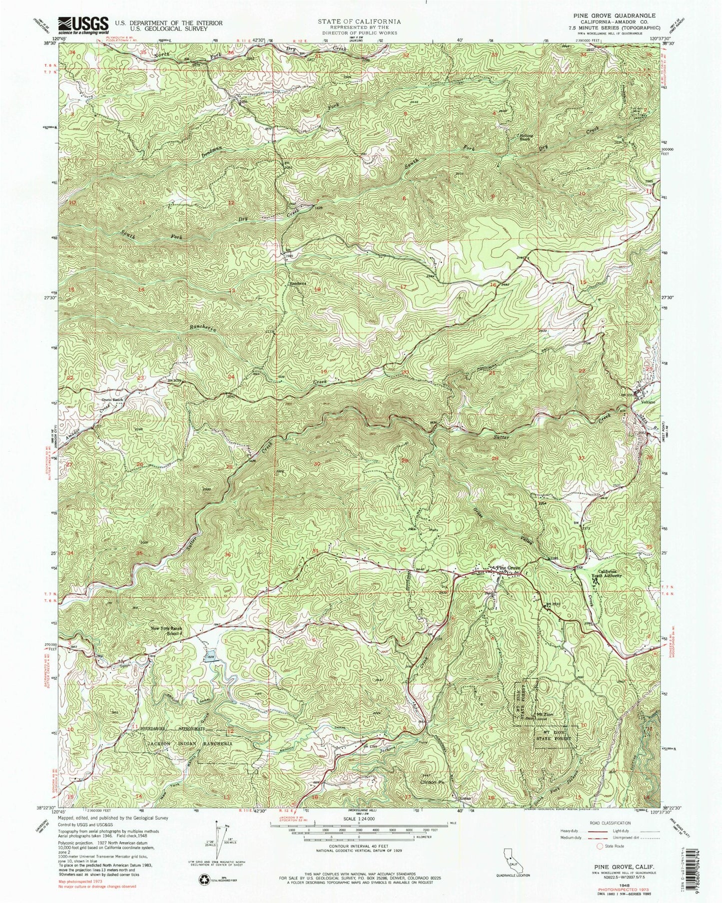 Classic USGS Pine Grove California 7.5'x7.5' Topo Map Image